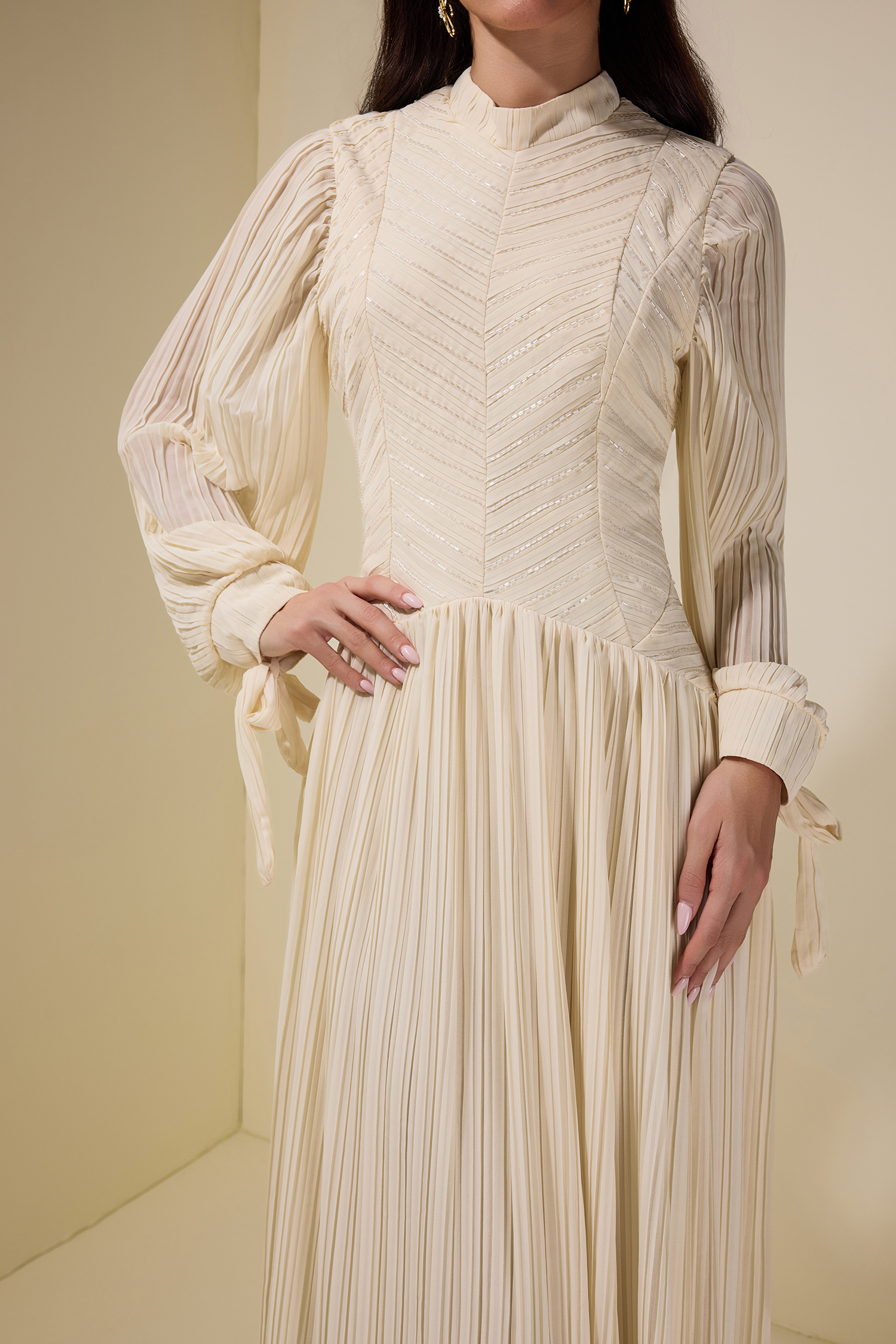 Chiffon Pleated Beaded Maxi Dress