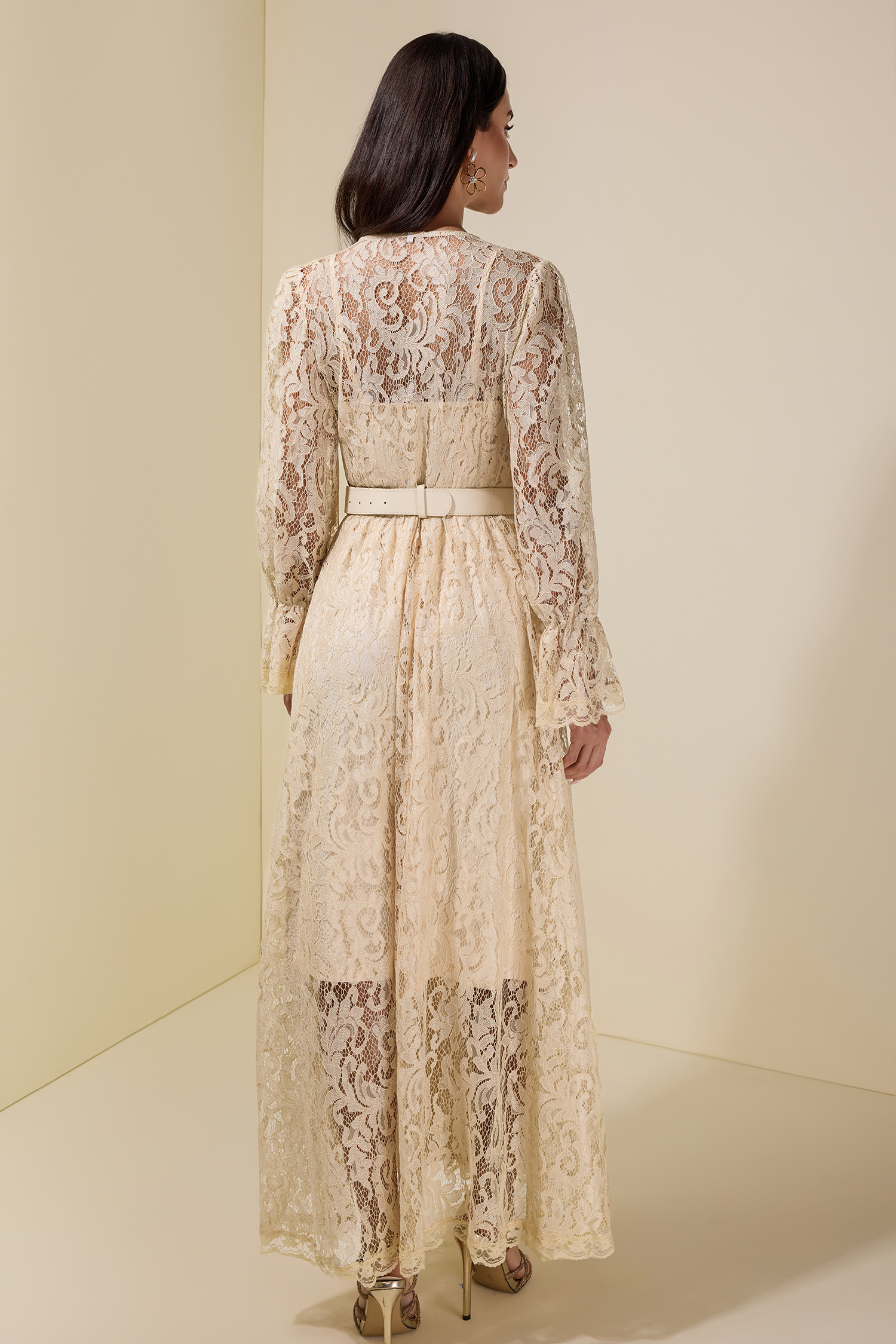 Lace Splicing Chiffon Midi Dress With Belt