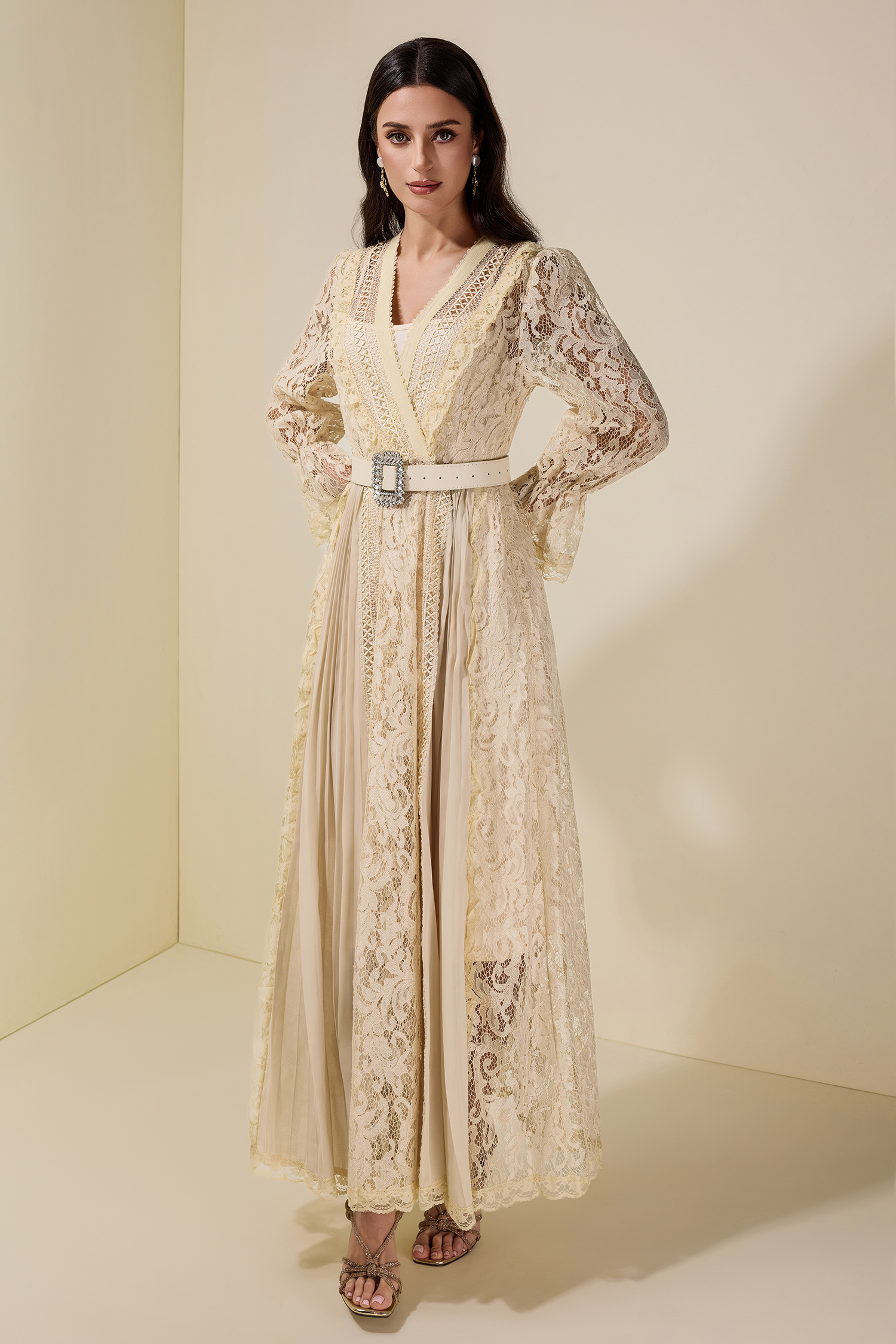 Lace Splicing Chiffon Midi Dress With Belt