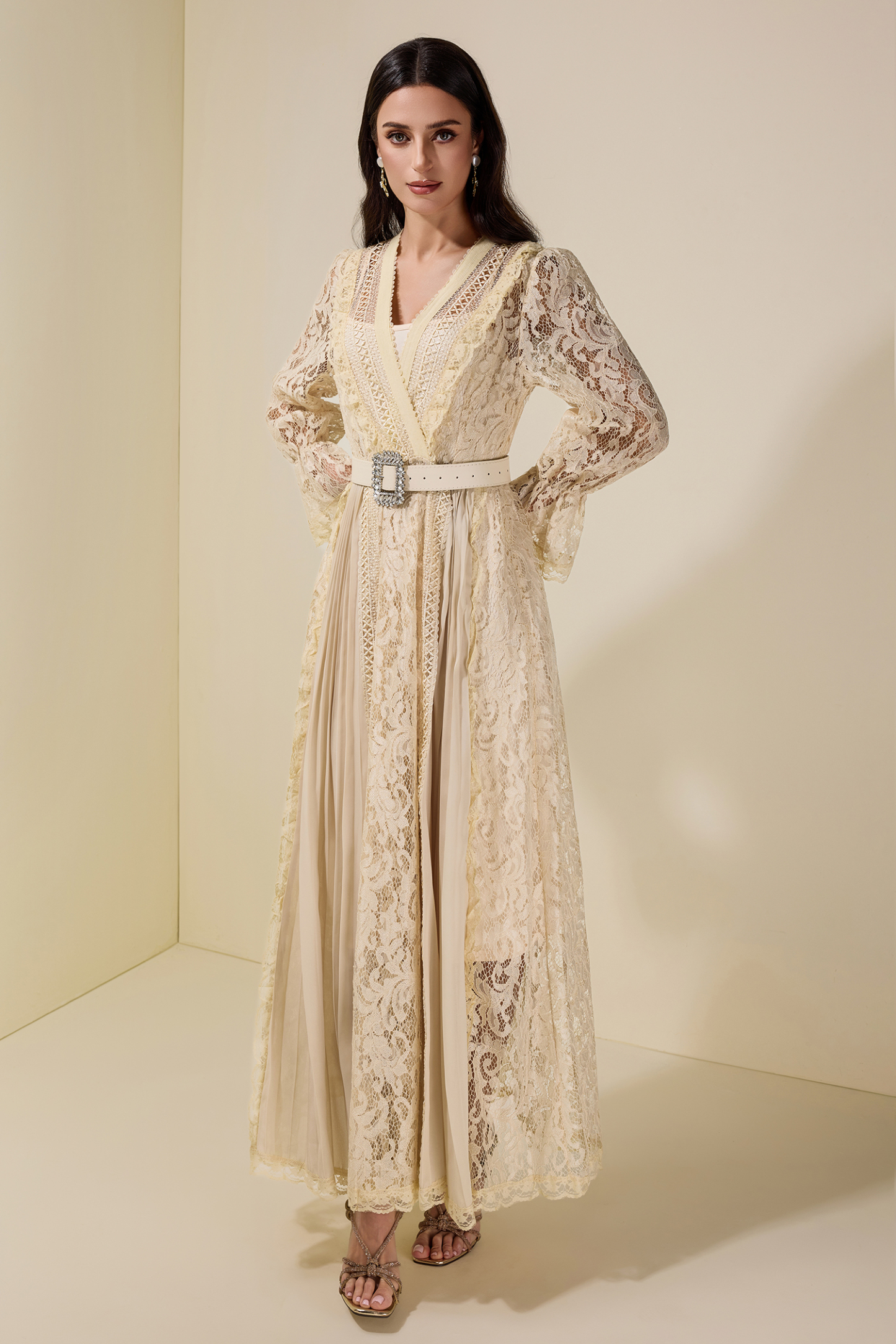 Lace Splicing Chiffon Midi Dress With Belt