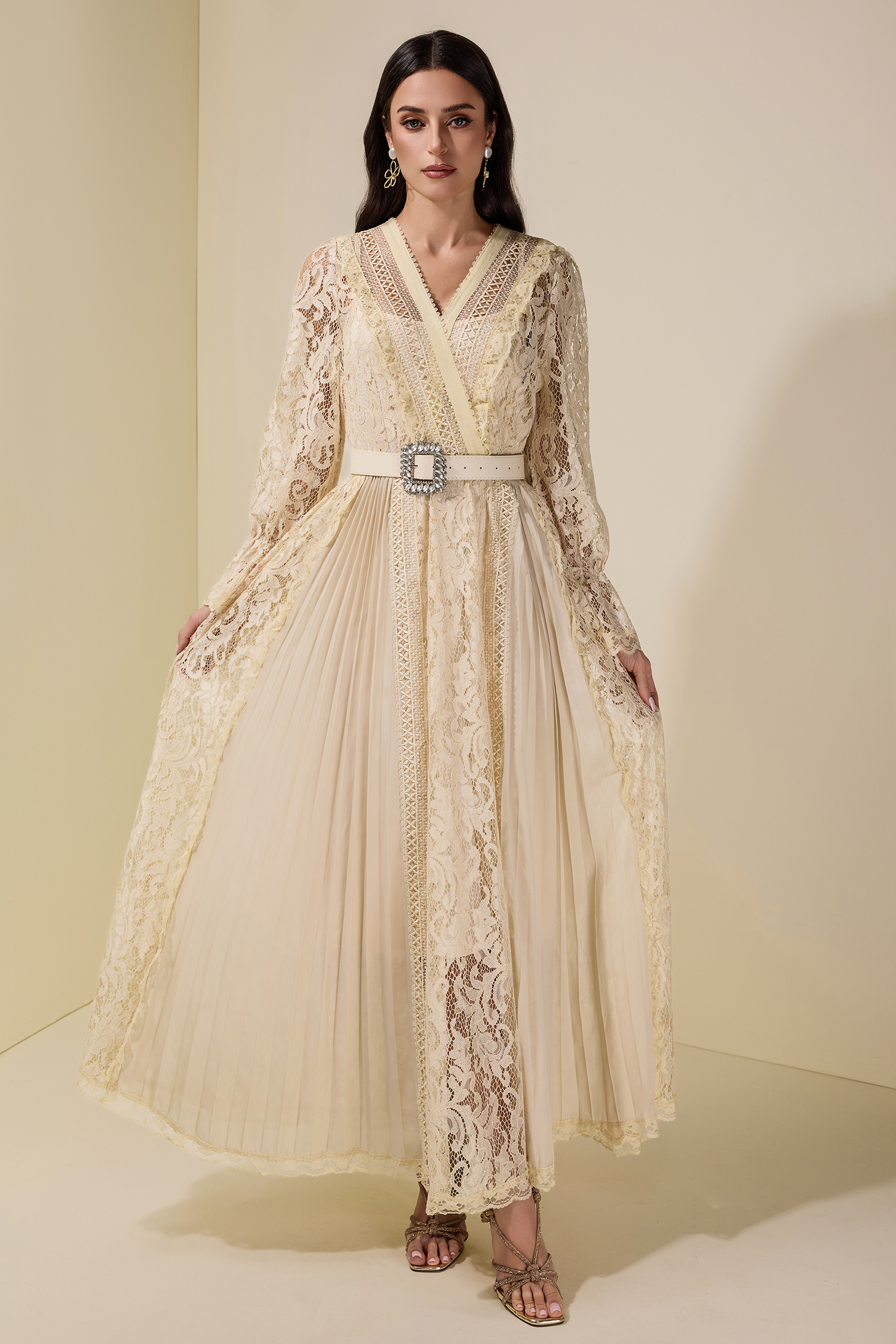 Lace Splicing Chiffon Midi Dress With Belt