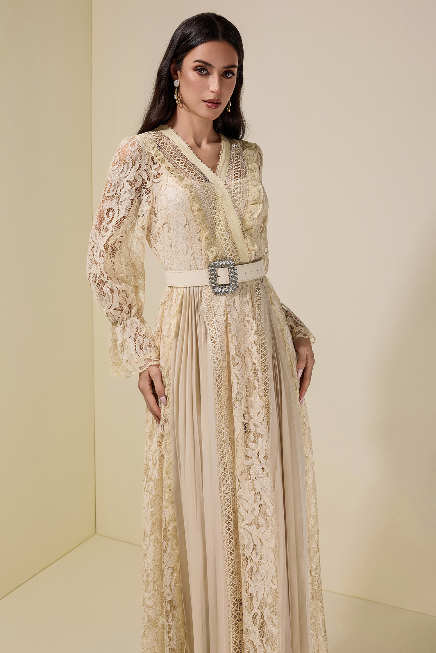 Lace Splicing Chiffon Midi Dress With Belt