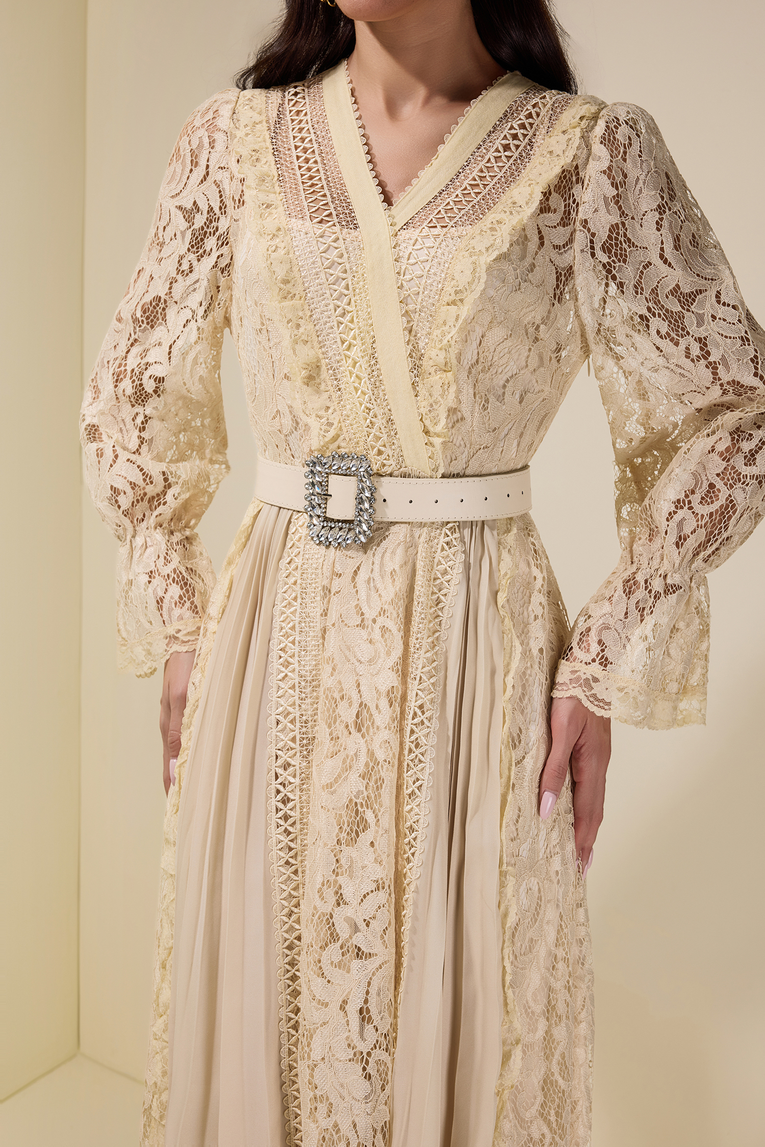 Lace Splicing Chiffon Midi Dress With Belt