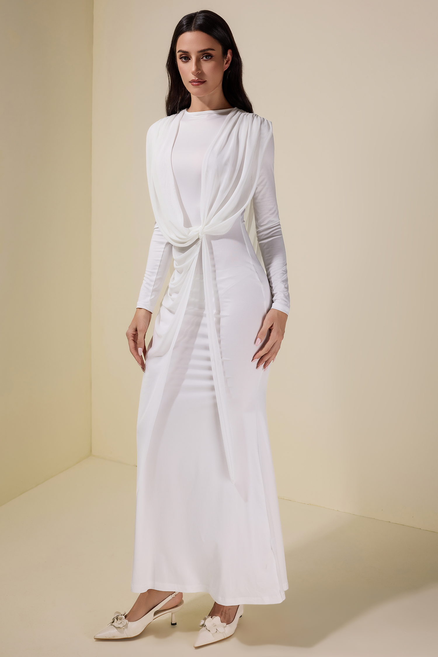 Mesh Pleated Tie-Up Maxi Dress