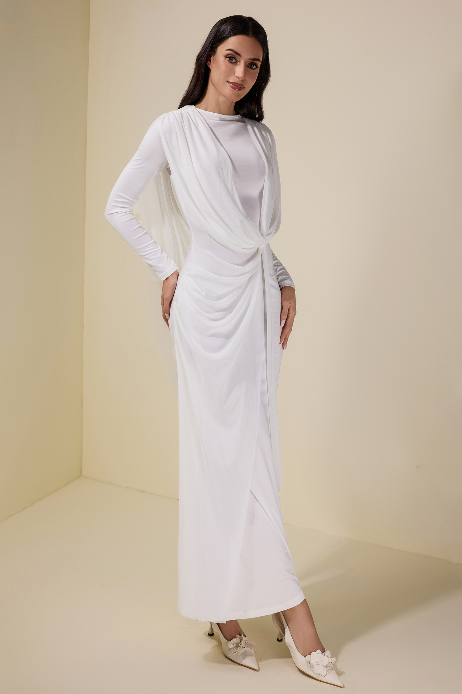 Mesh Pleated Tie-Up Maxi Dress