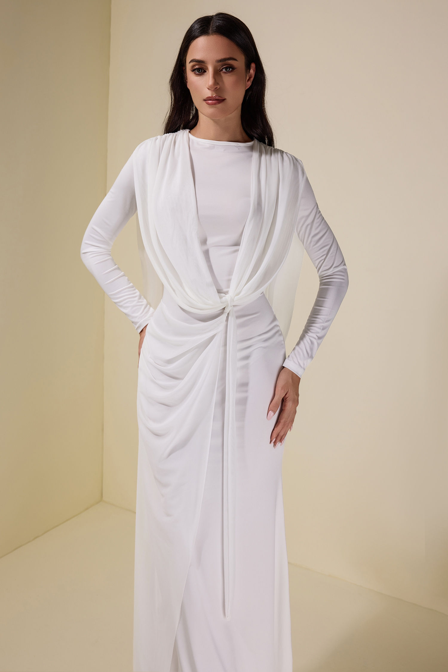 Mesh Pleated Tie-Up Maxi Dress