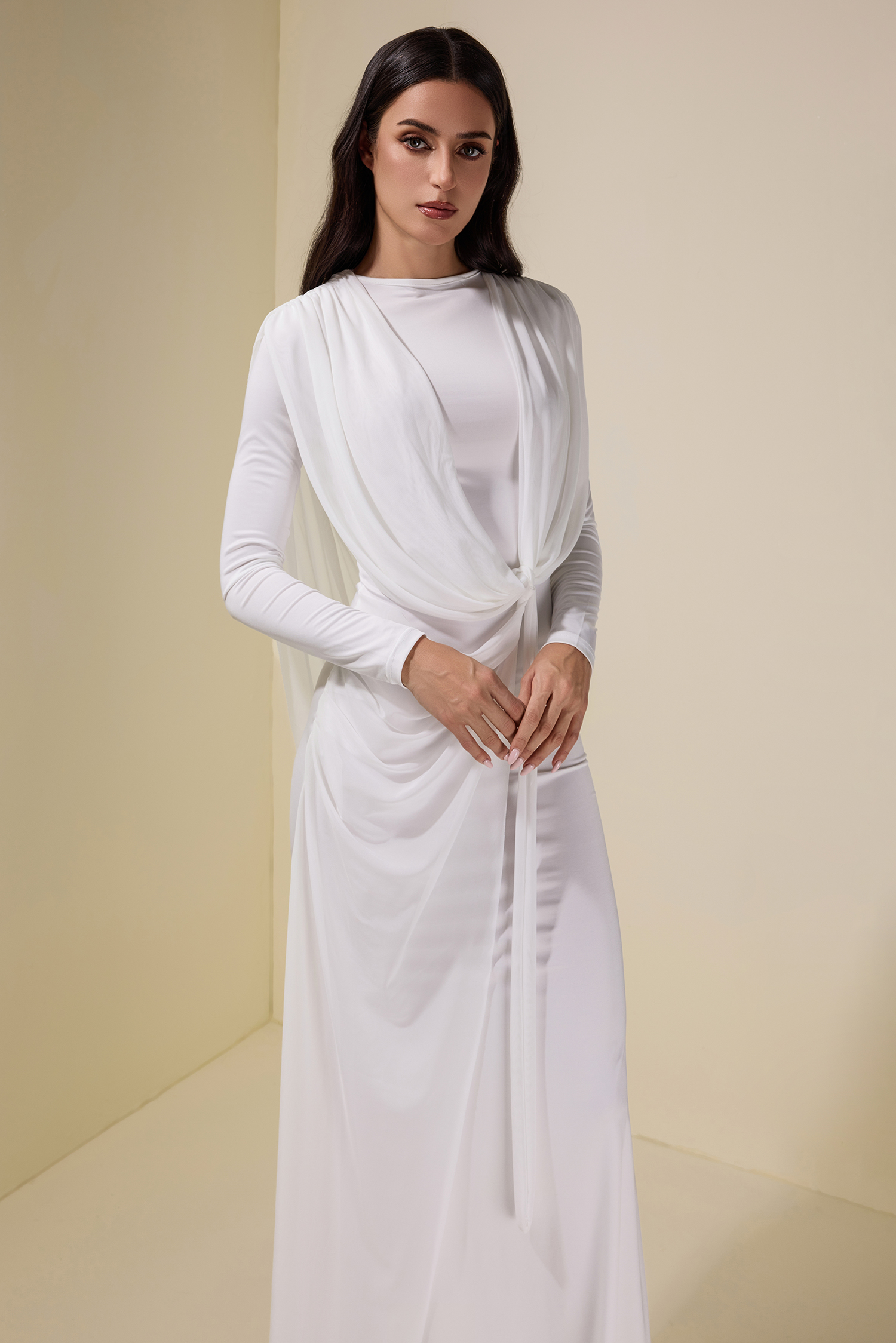 Mesh Pleated Tie-Up Maxi Dress