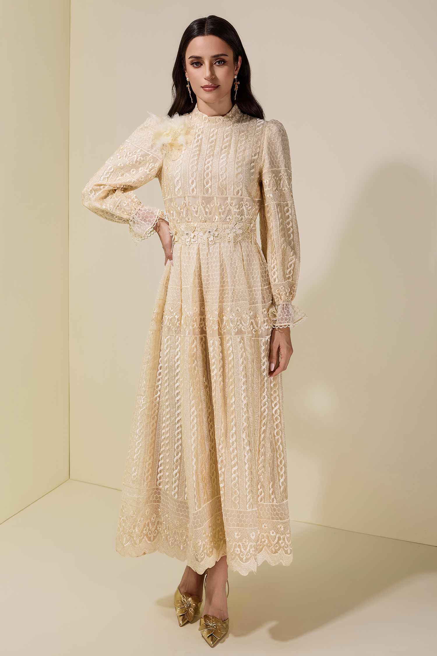 3D Flower Embroidered Beaded Maxi Dress