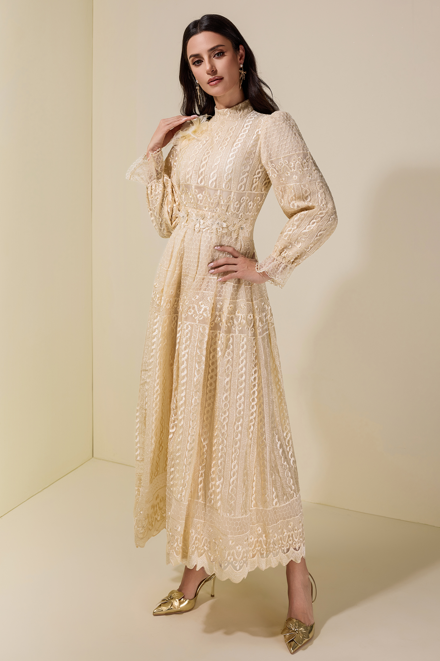 3D Flower Embroidered Beaded Maxi Dress