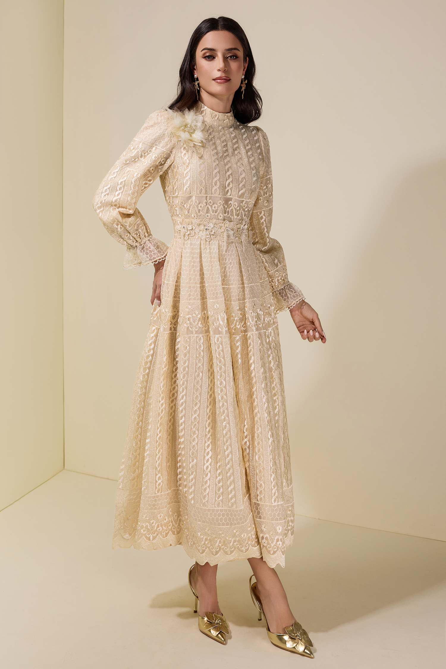 3D Flower Embroidered Beaded Maxi Dress