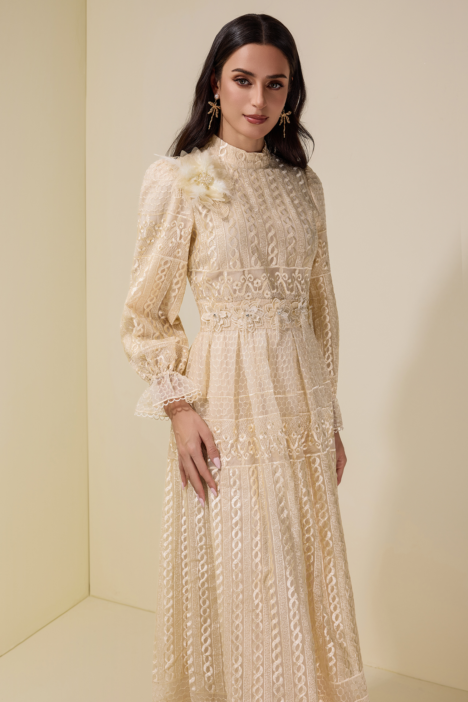 3D Flower Embroidered Beaded Maxi Dress