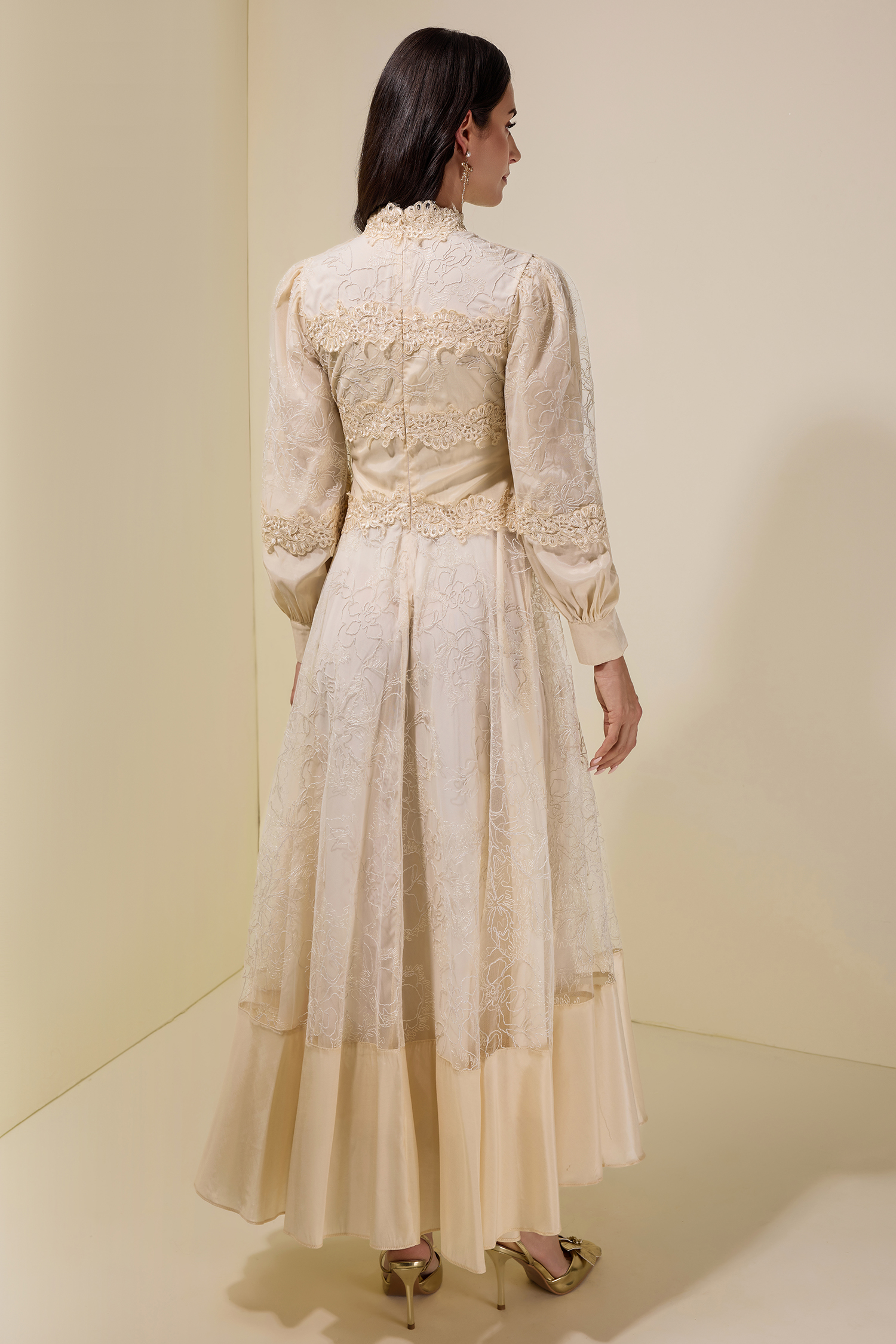 Embroidered Lace Long Sleeve Midi Dress