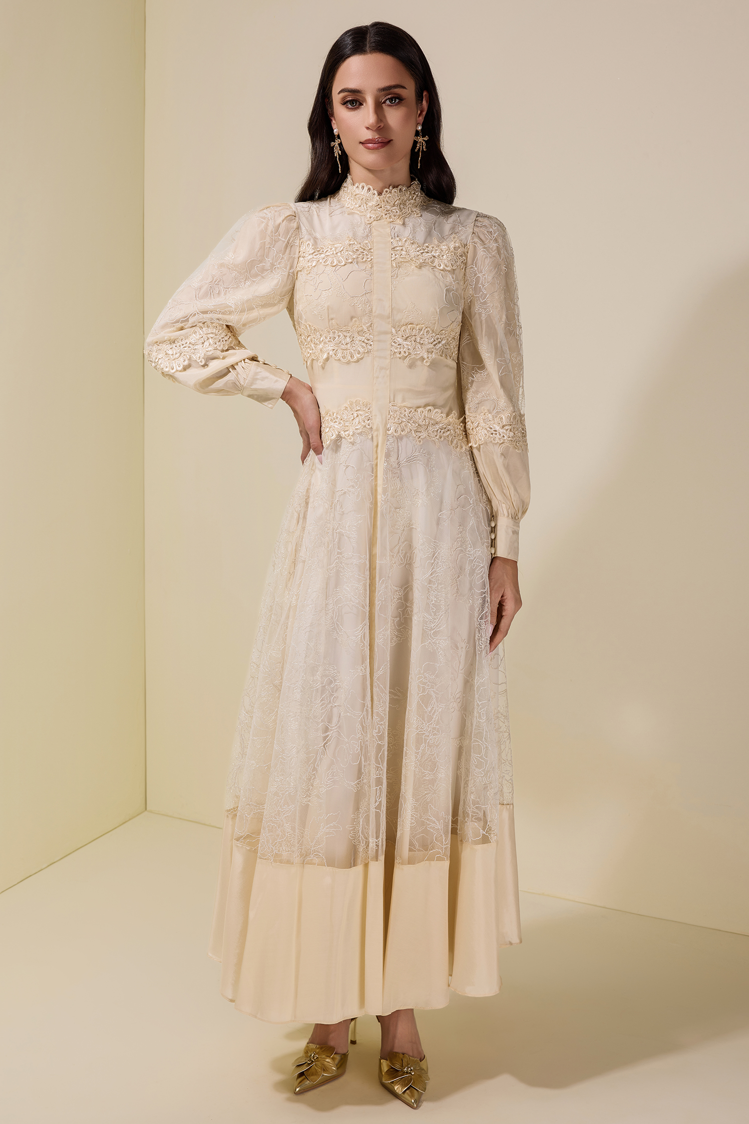 Embroidered Lace Long Sleeve Midi Dress