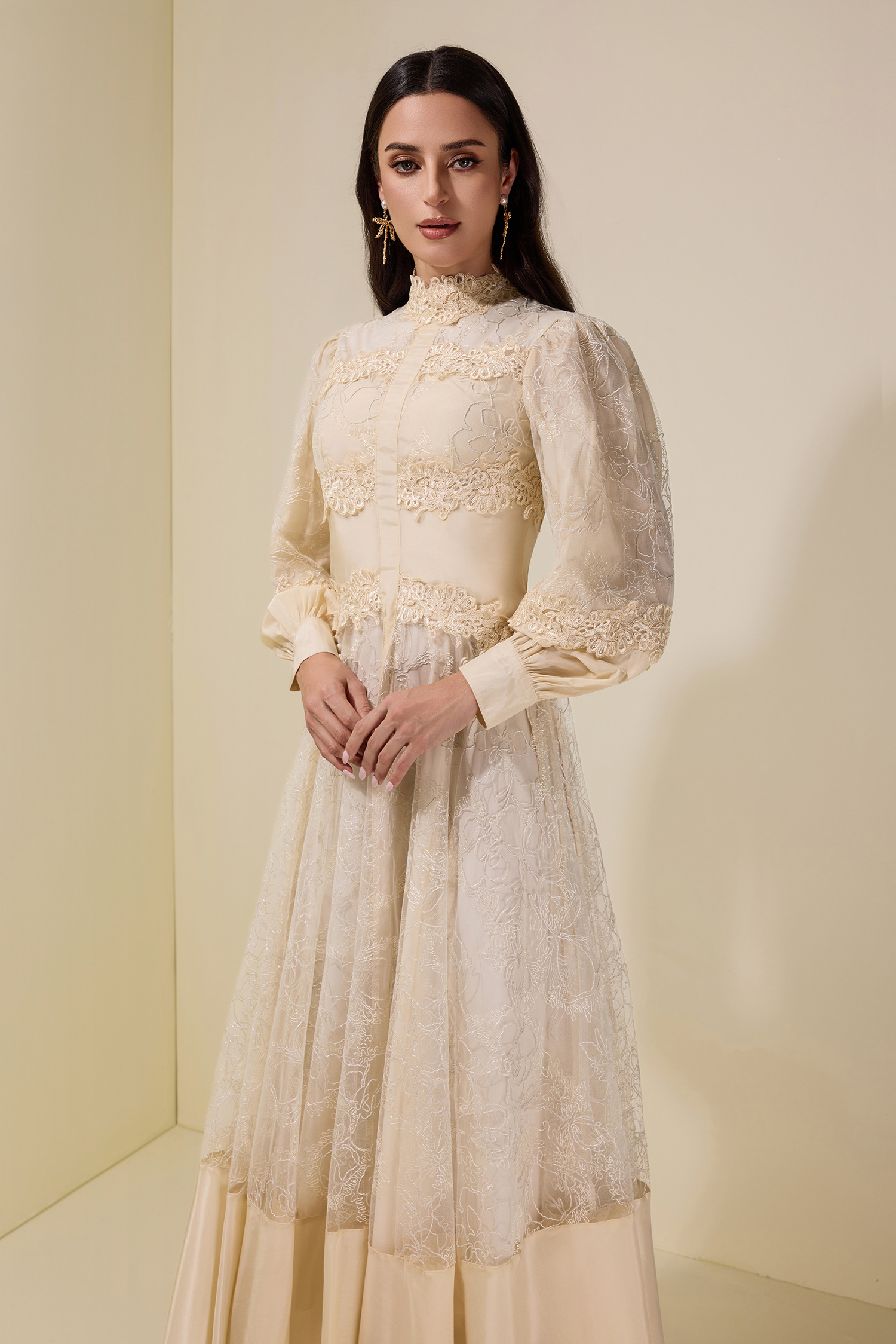 Embroidered Lace Long Sleeve Midi Dress