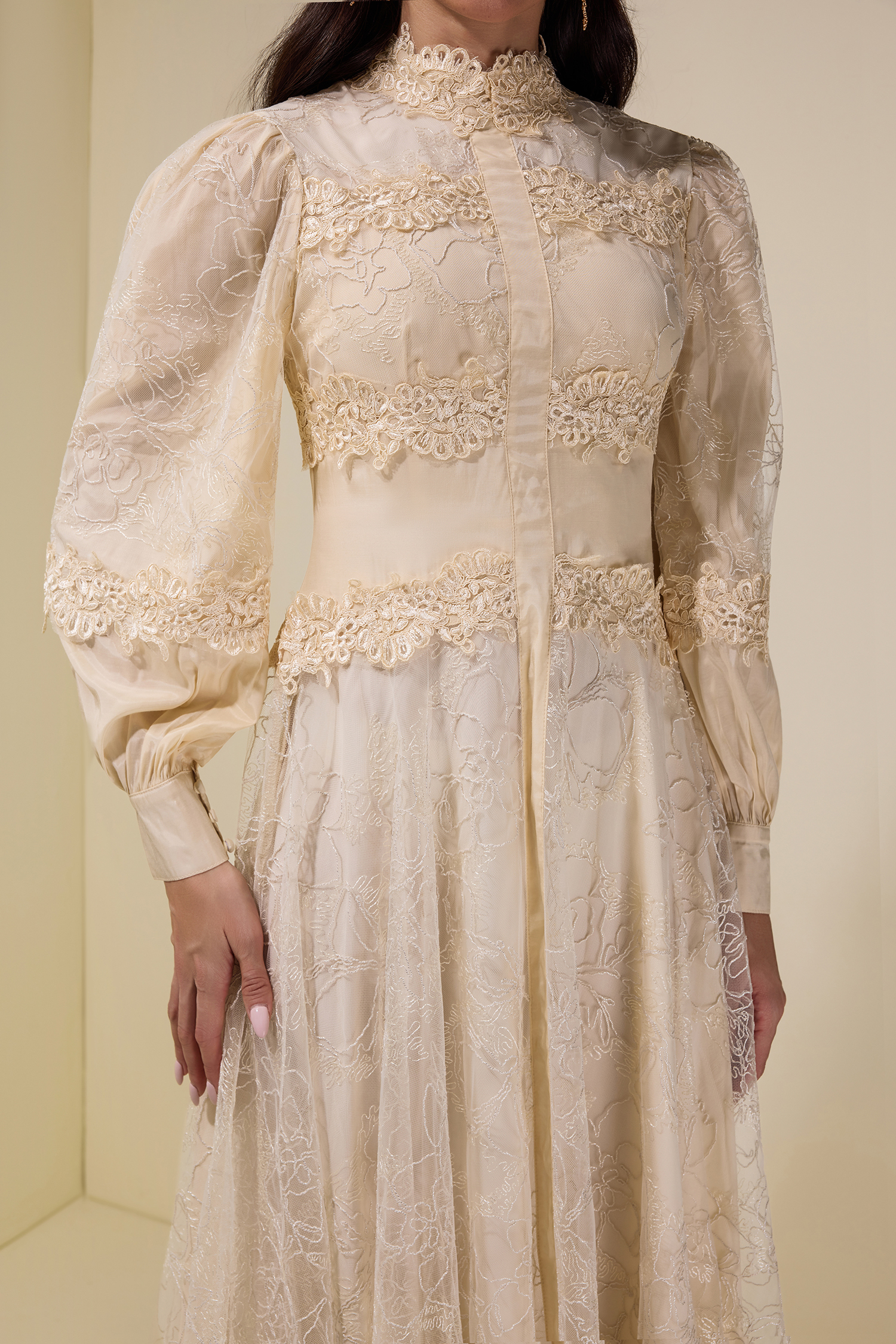 Embroidered Lace Long Sleeve Midi Dress