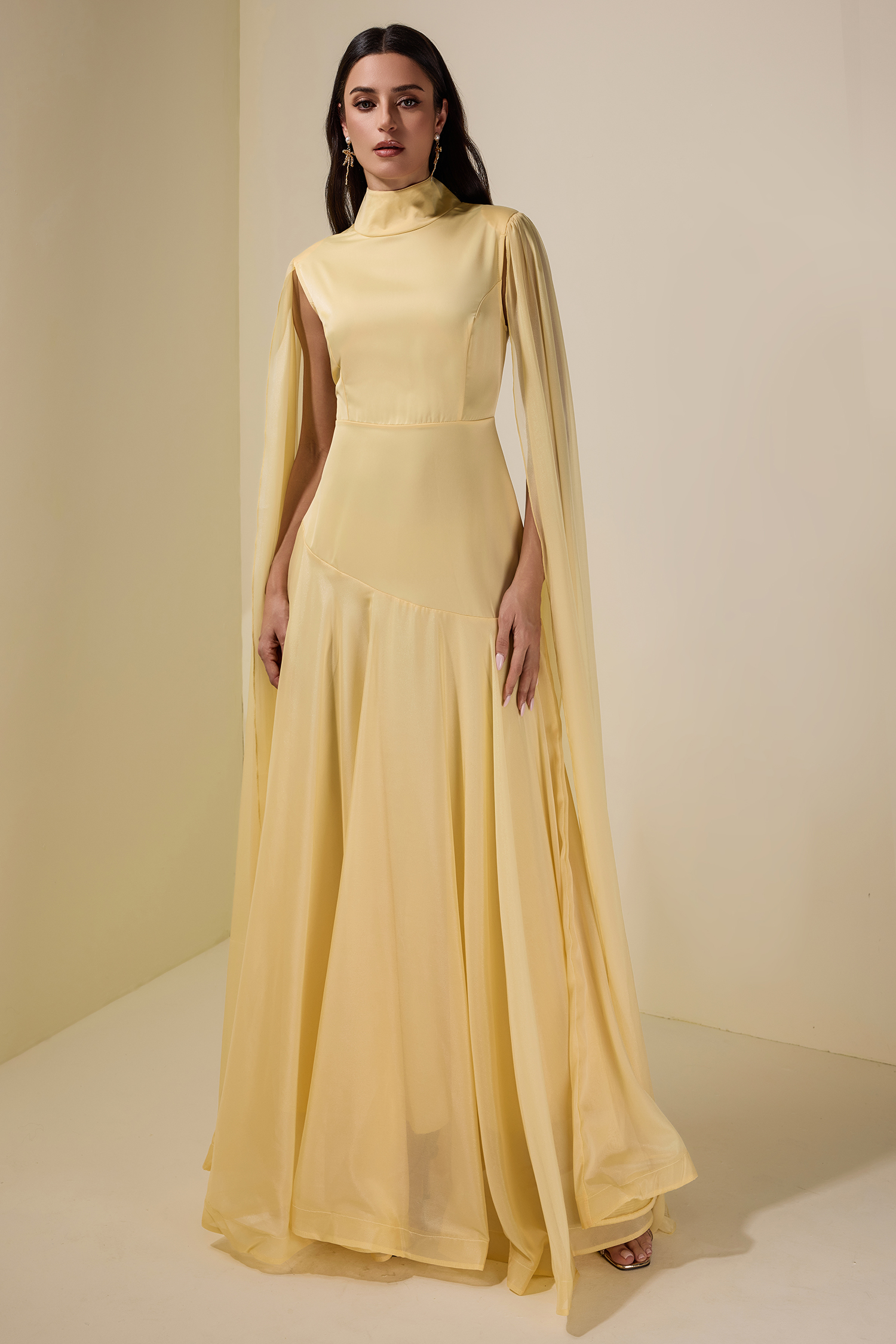 Chiffon Cape Sleeve Stand Collar Maxi Dress