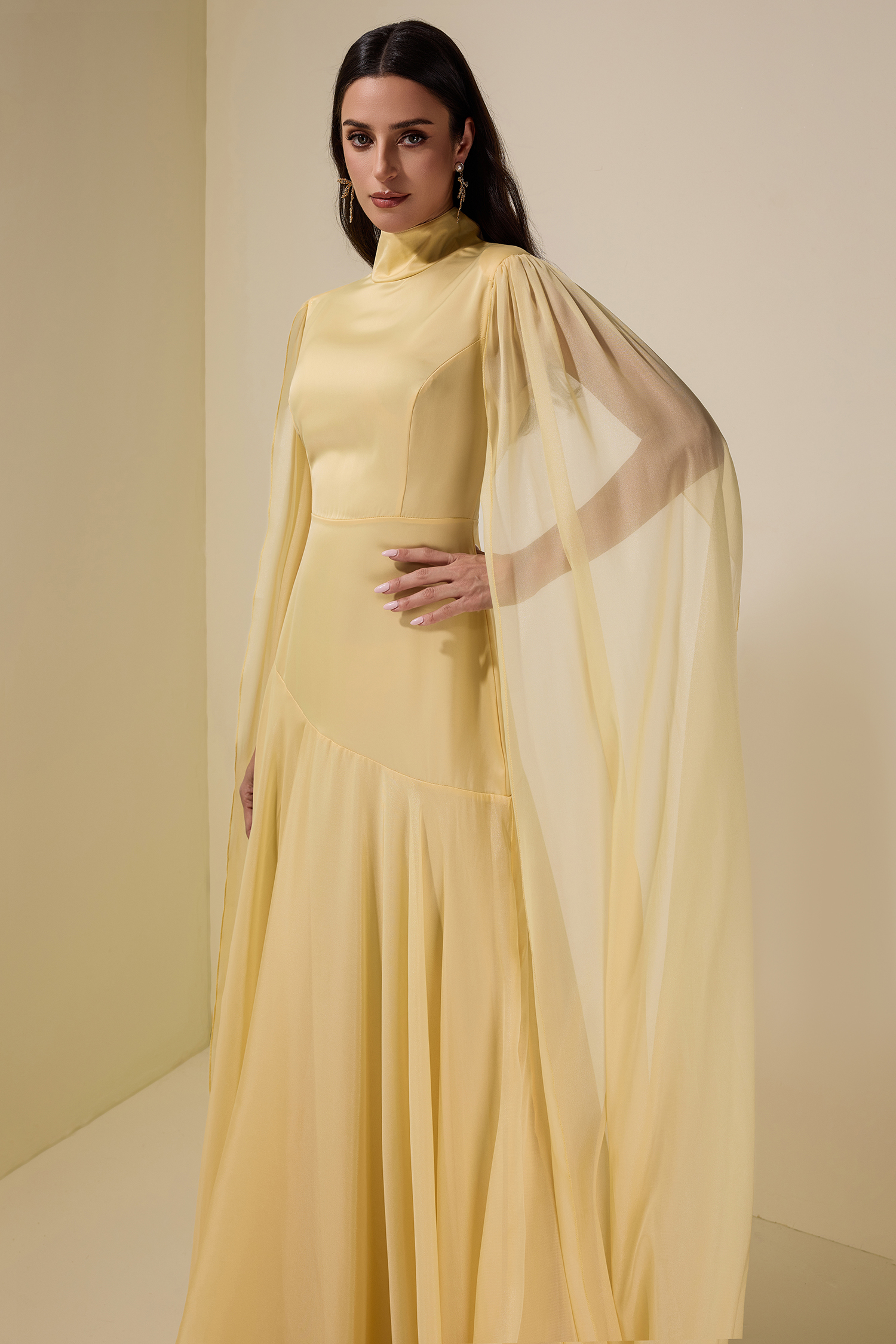 Chiffon Cape Sleeve Stand Collar Maxi Dress