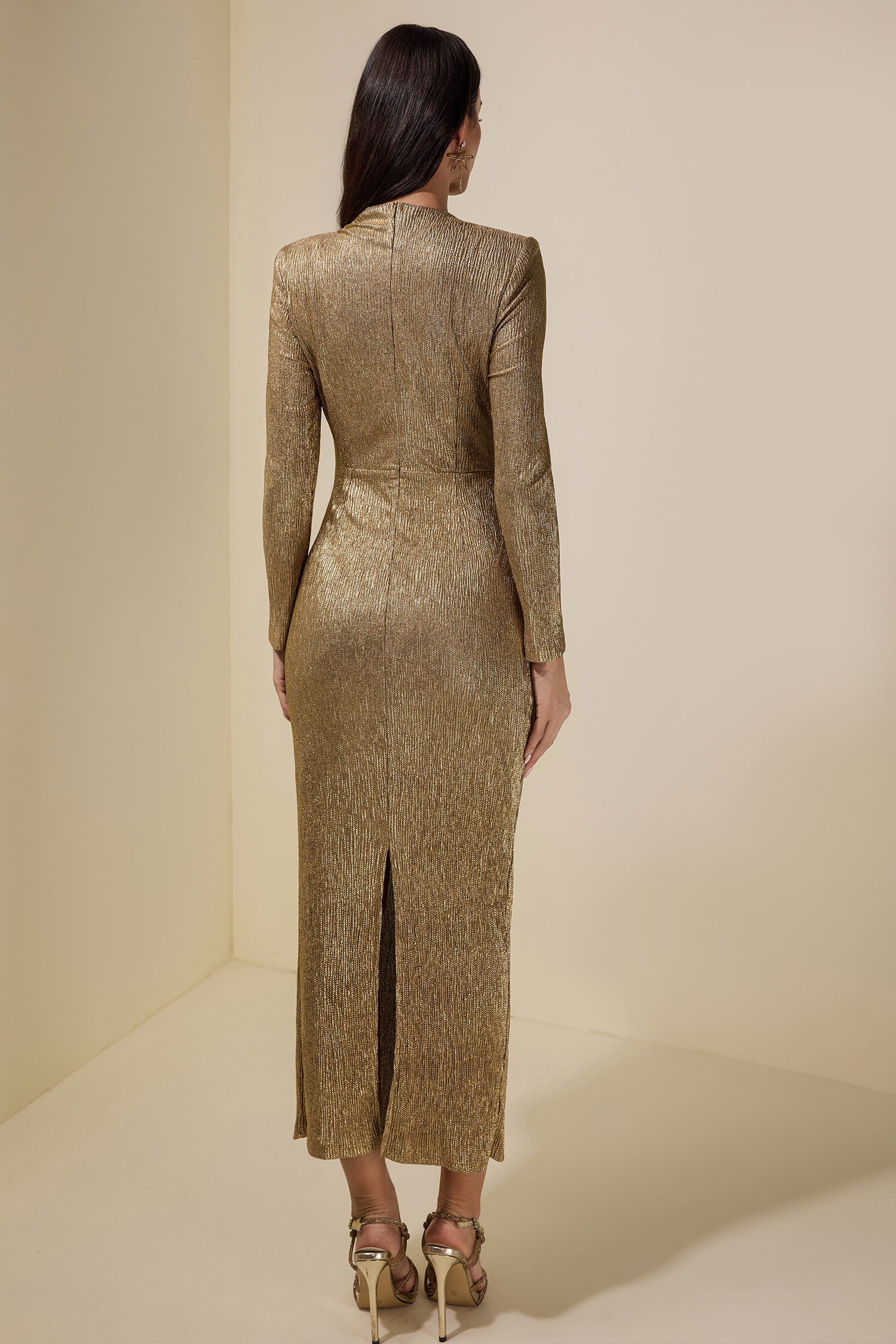 Luxury Rhinestone Long Sleeve Midi Dress