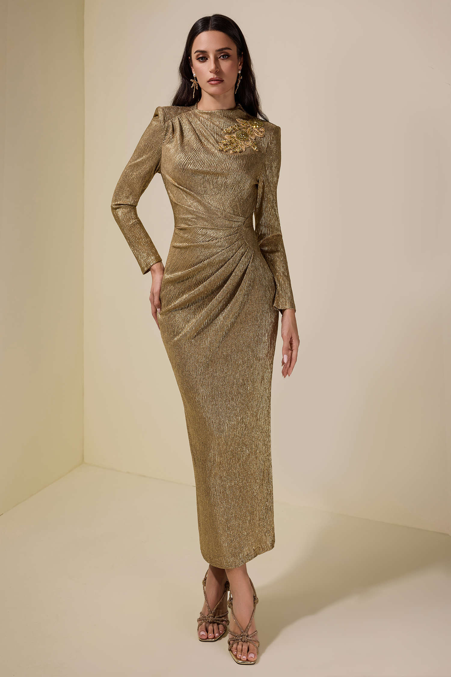 Luxury Rhinestone Long Sleeve Midi Dress