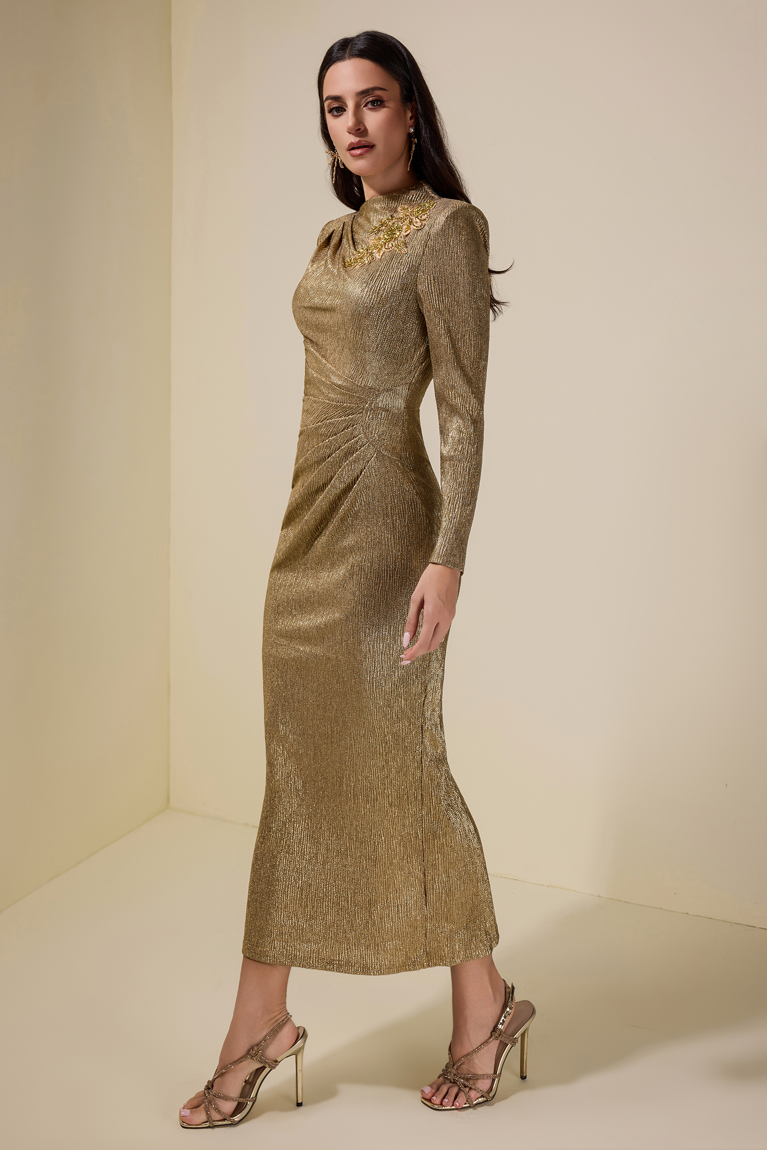 Luxury Rhinestone Long Sleeve Midi Dress