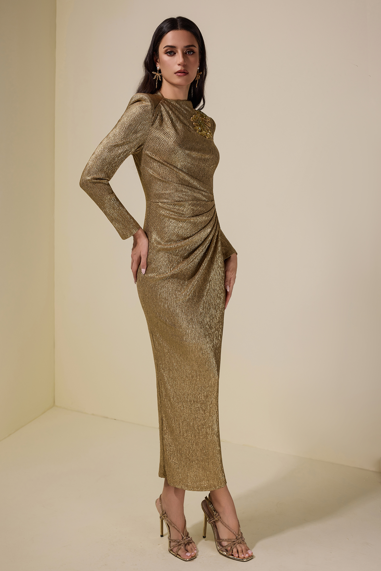 Luxury Rhinestone Long Sleeve Midi Dress