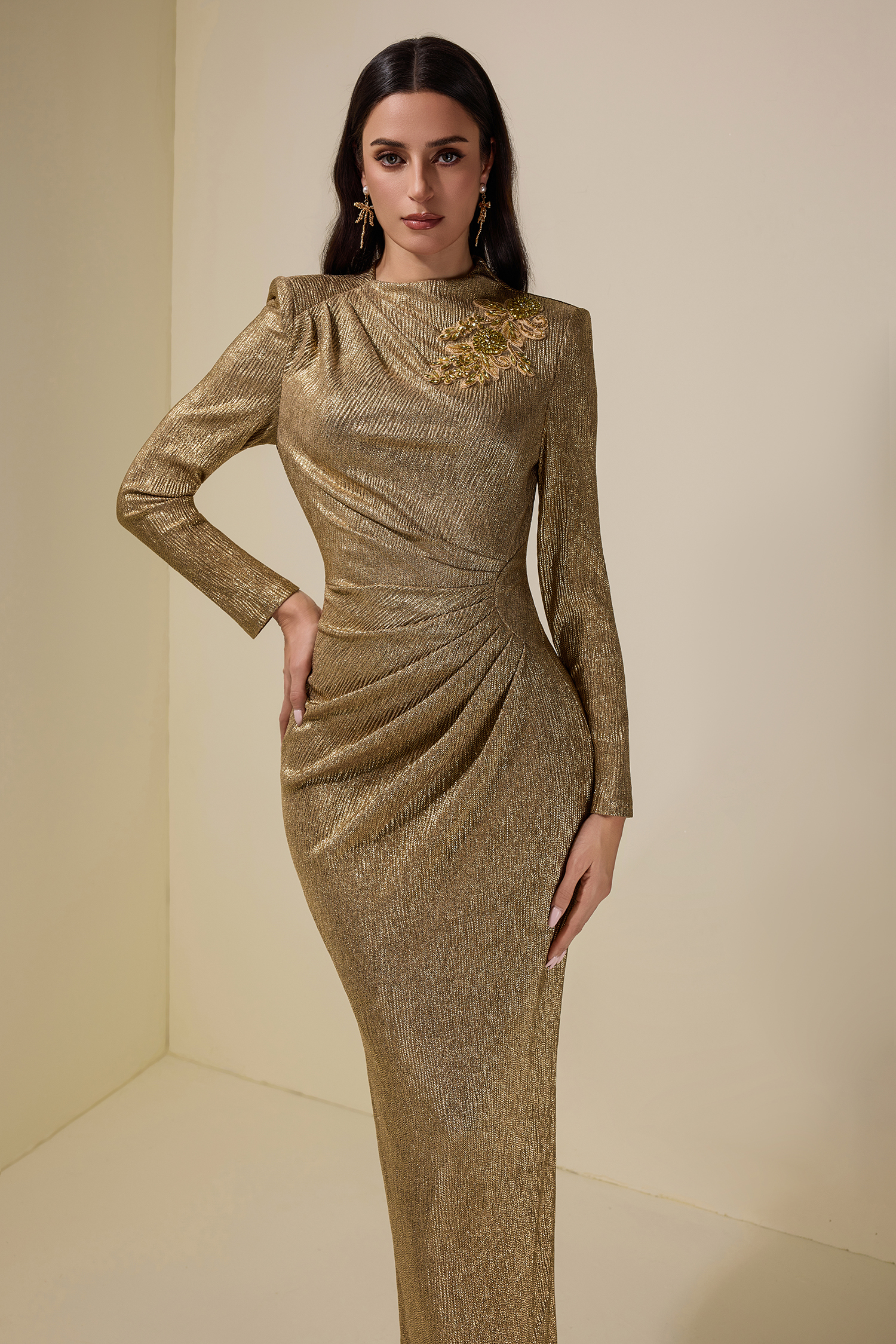 Luxury Rhinestone Long Sleeve Midi Dress