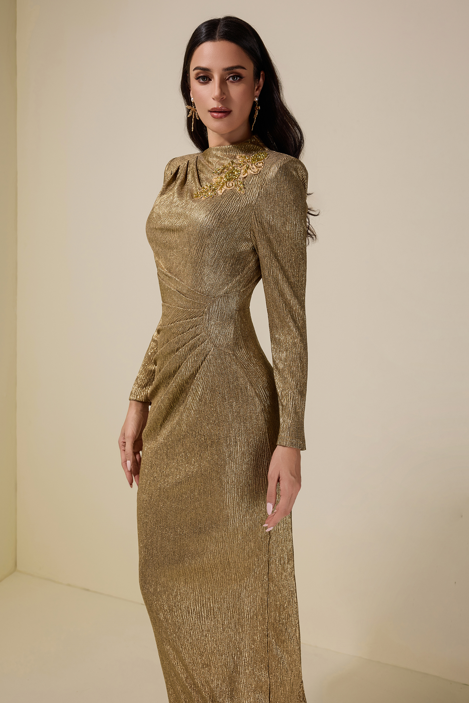 Luxury Rhinestone Long Sleeve Midi Dress