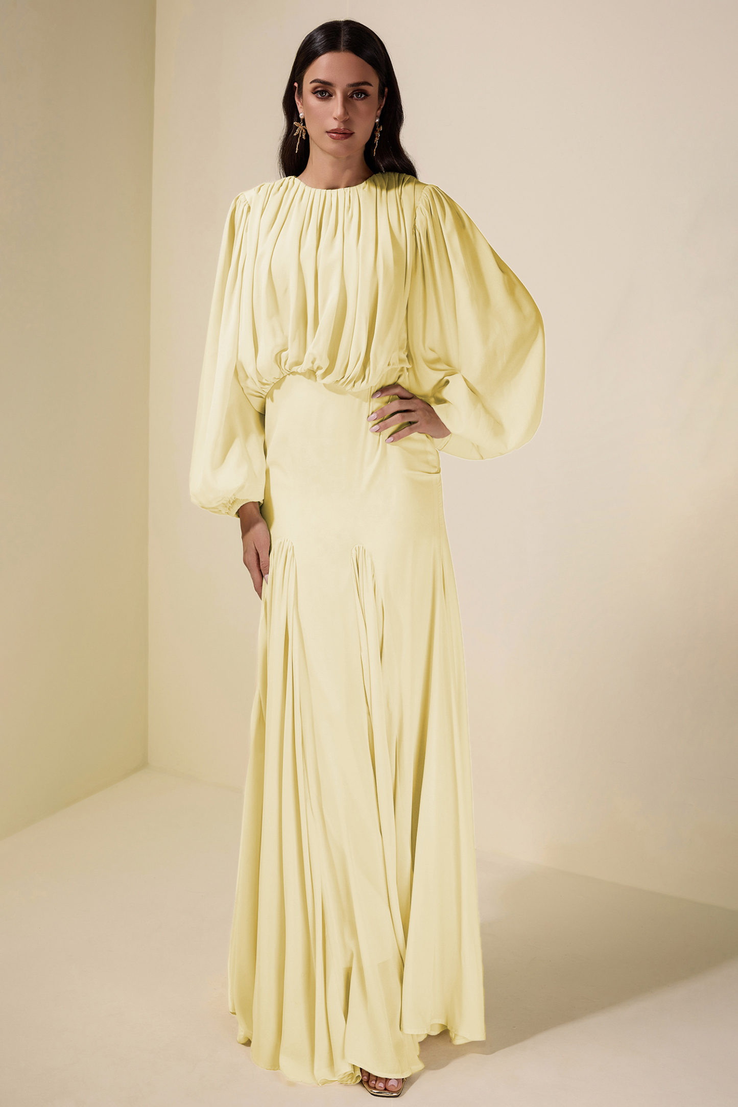 Gathering Round Neck Lantern Sleeve Maxi Dress