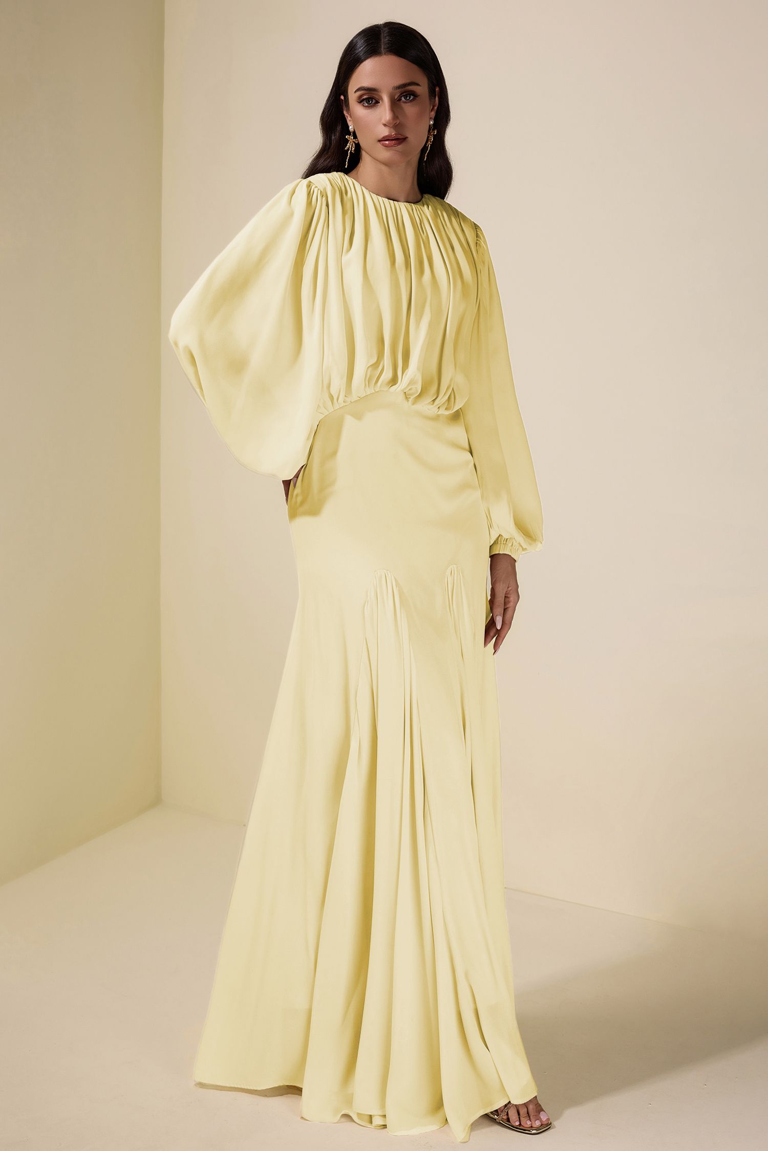 Gathering Round Neck Lantern Sleeve Maxi Dress