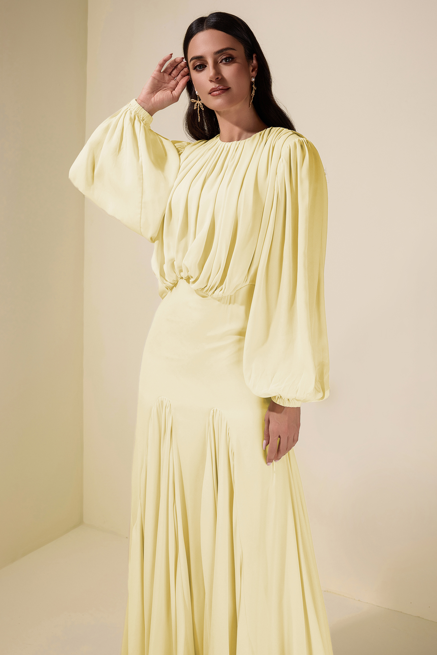 Gathering Round Neck Lantern Sleeve Maxi Dress