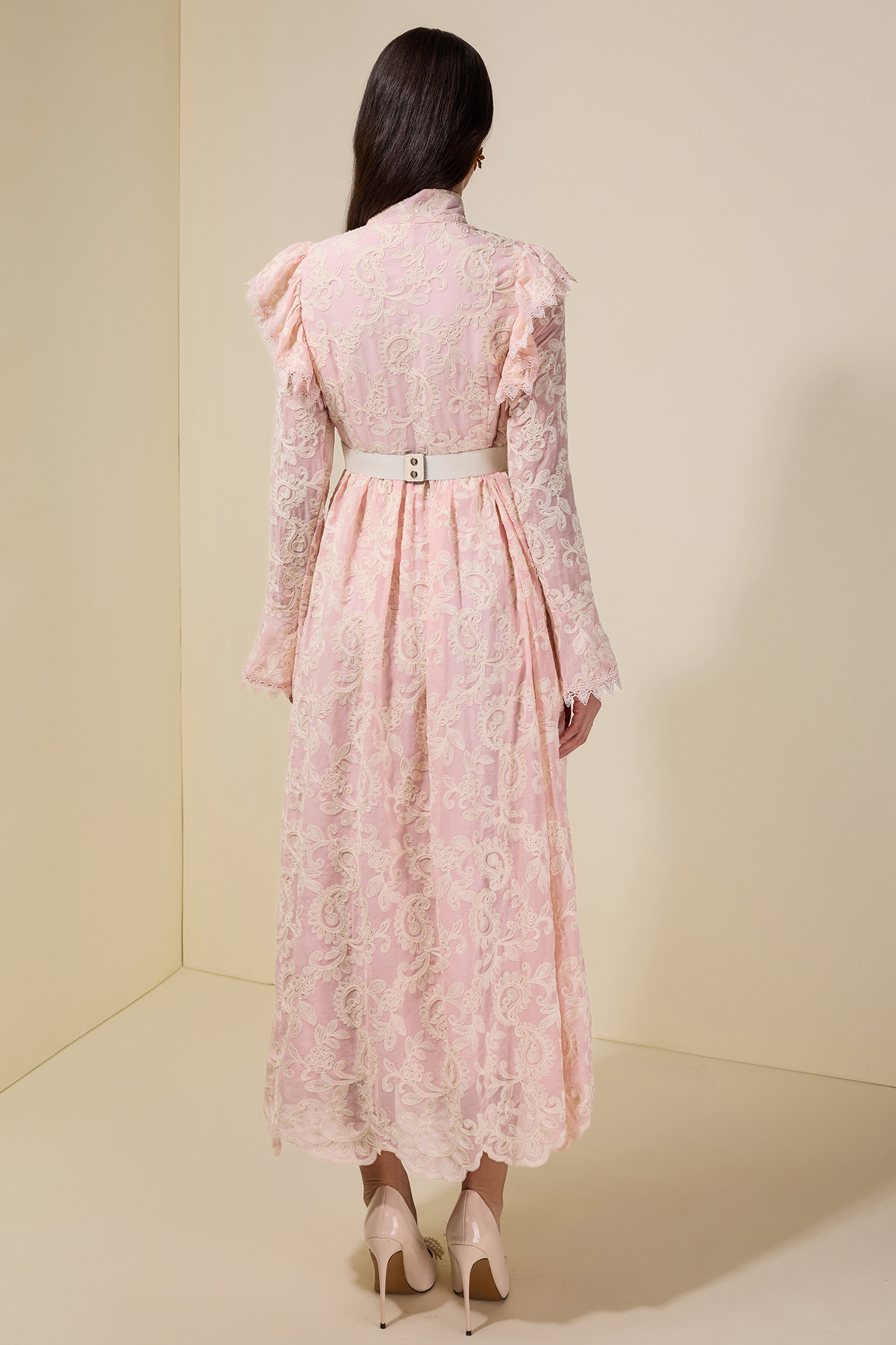 Chiffon Embroidered Single Breasted Midi Dress With Belt