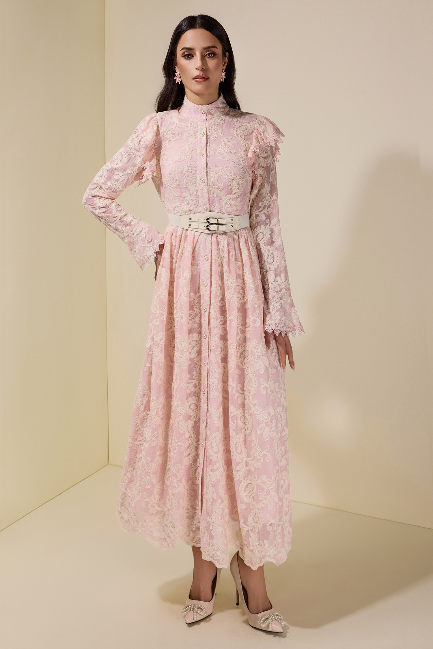 Chiffon Embroidered Single Breasted Midi Dress With Belt