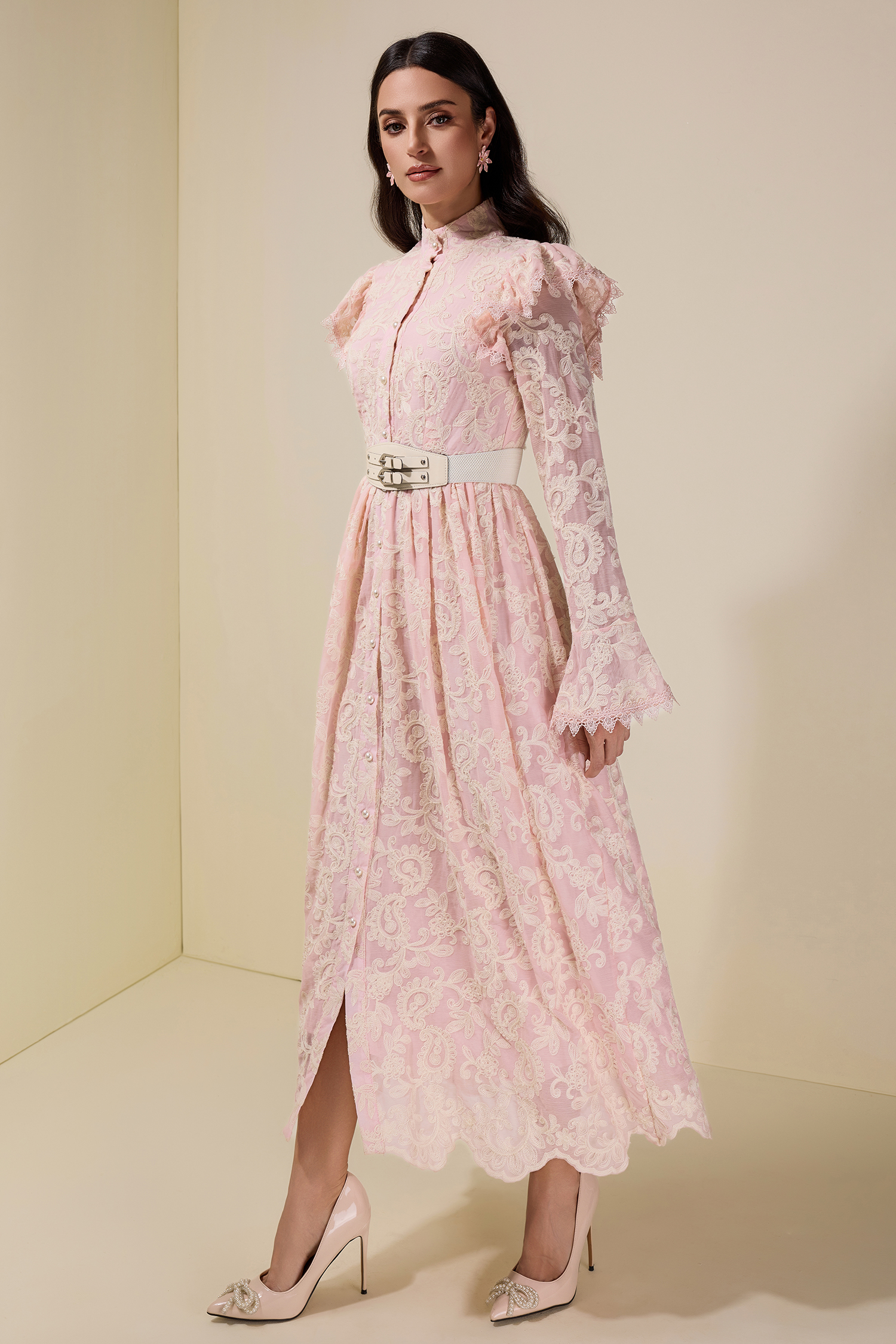 Chiffon Embroidered Single Breasted Midi Dress With Belt