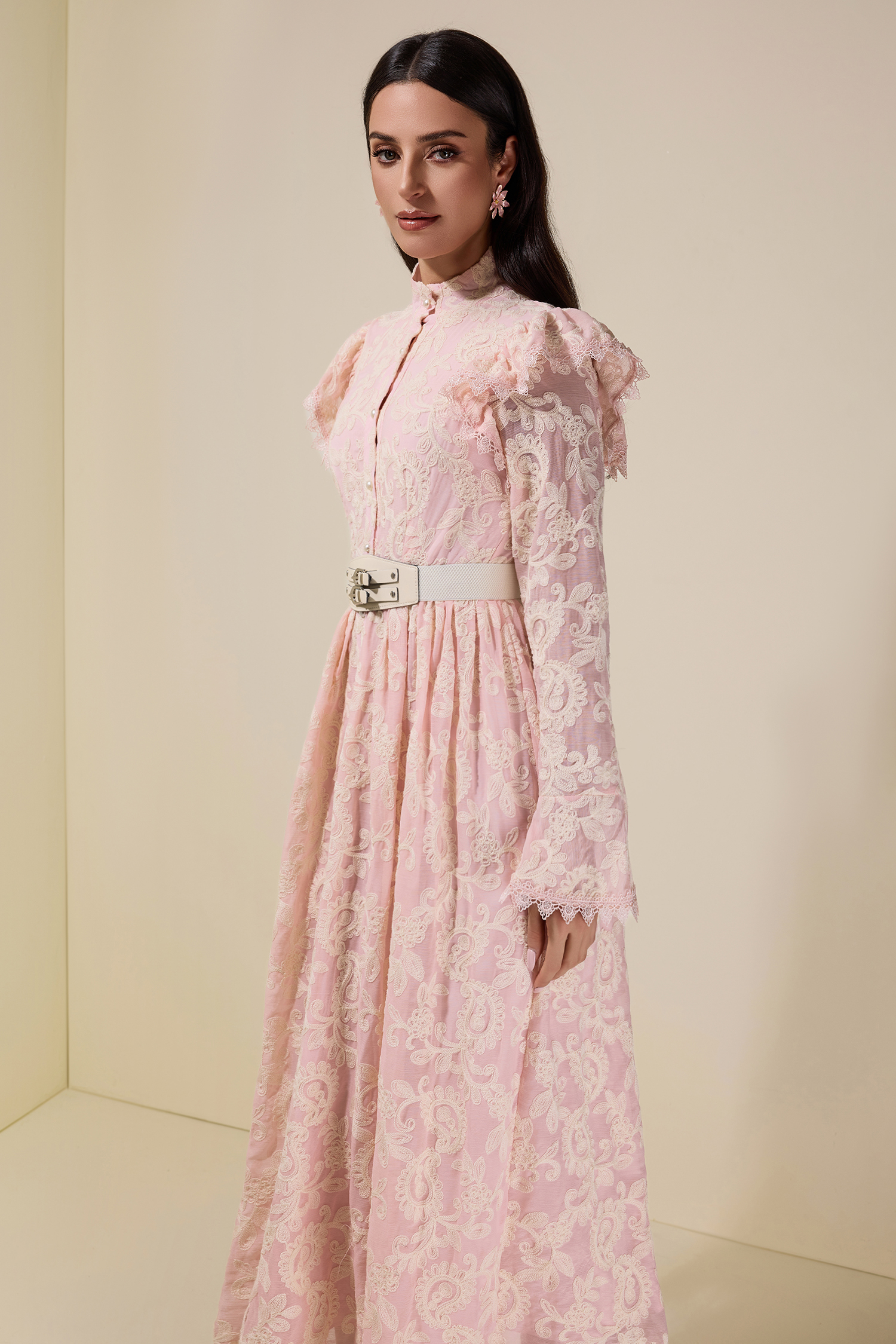 Chiffon Embroidered Single Breasted Midi Dress With Belt