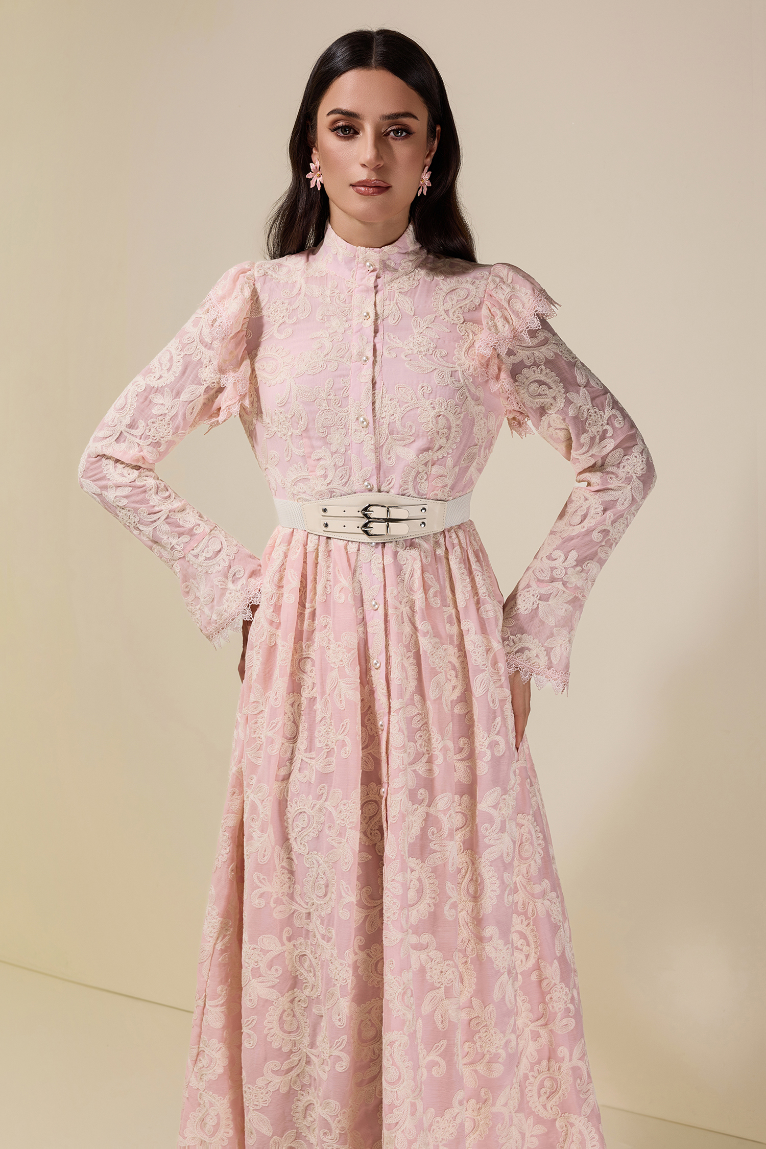 Chiffon Embroidered Single Breasted Midi Dress With Belt