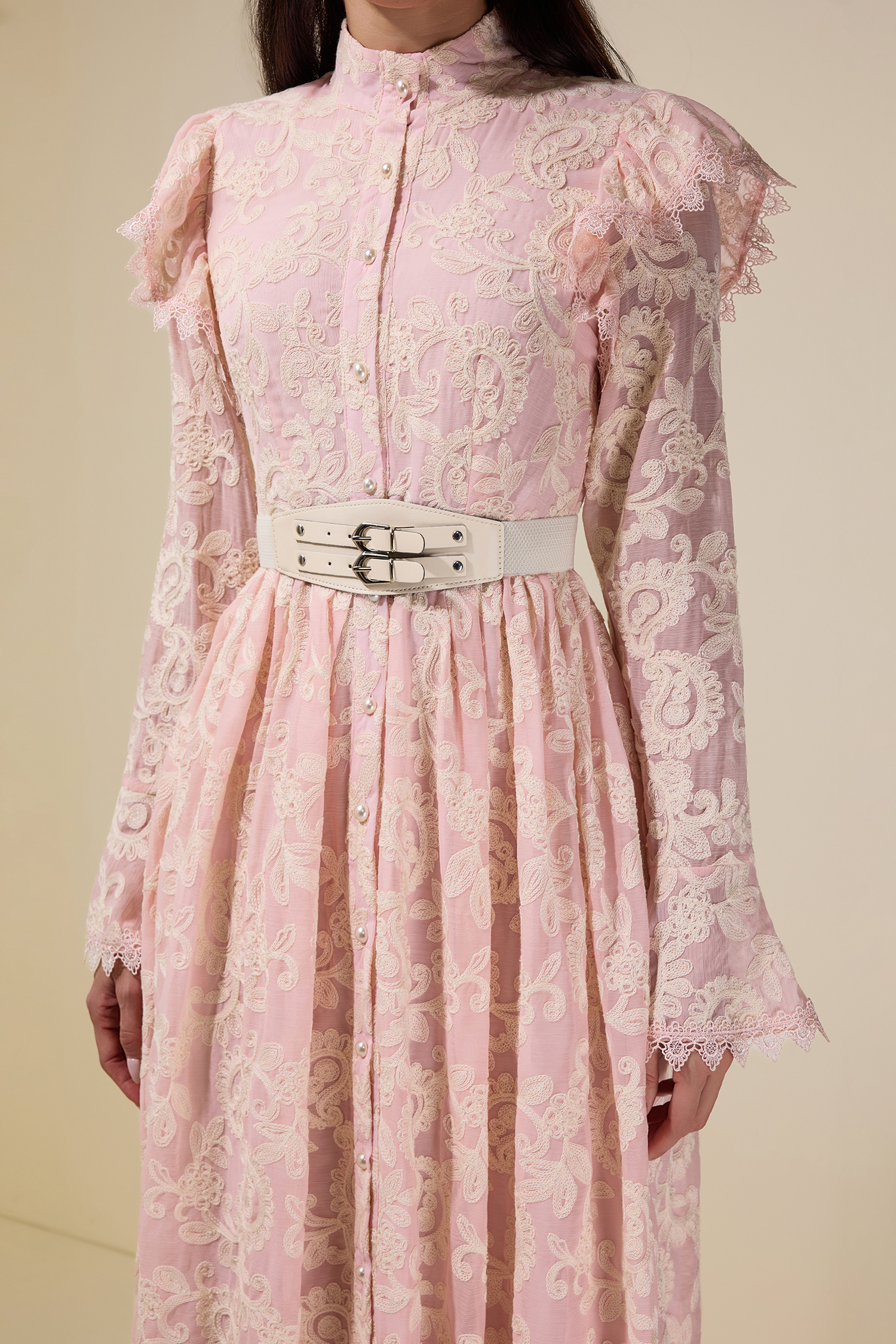 Chiffon Embroidered Single Breasted Midi Dress With Belt