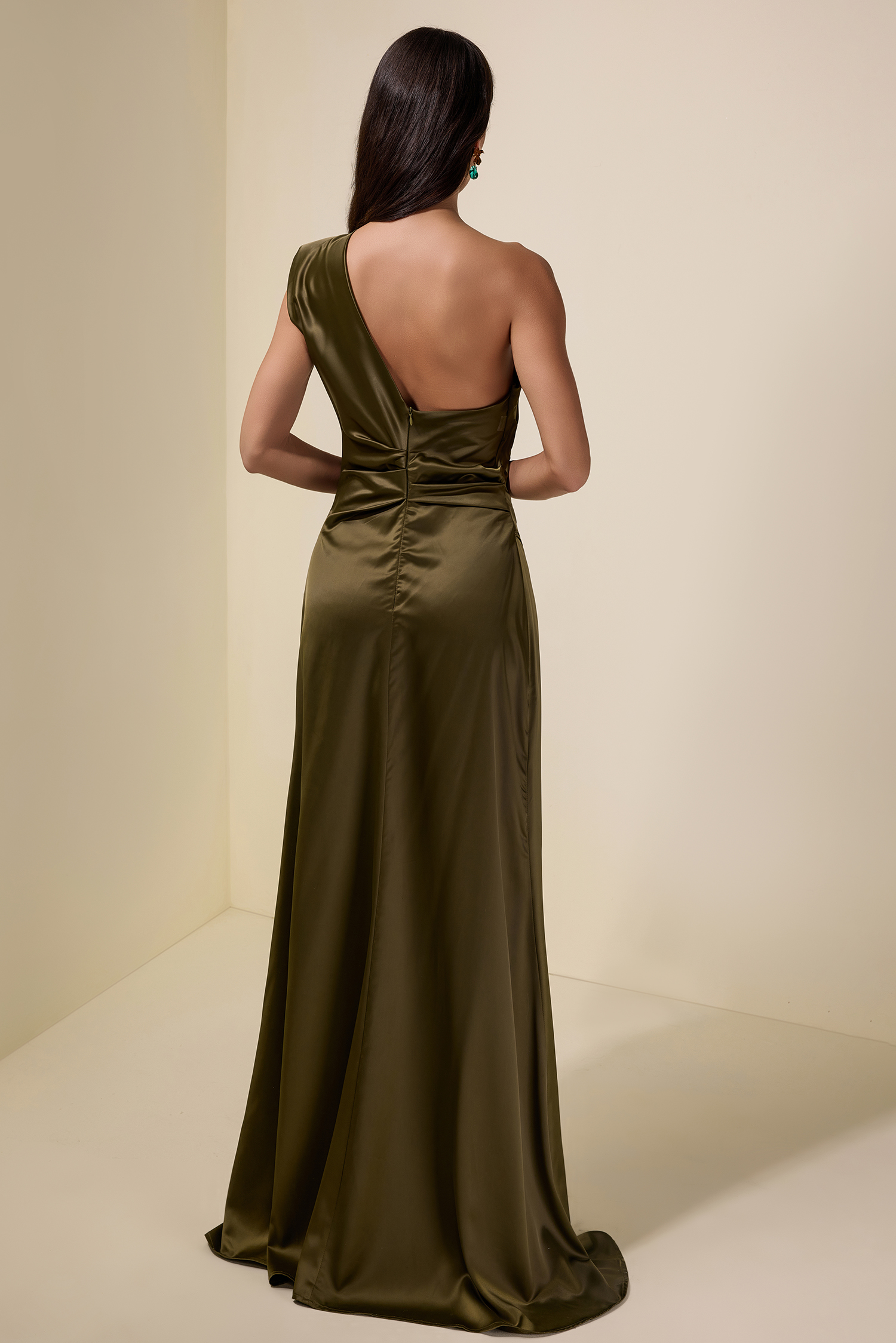 Satin Skew Collar Split Maxi Dress