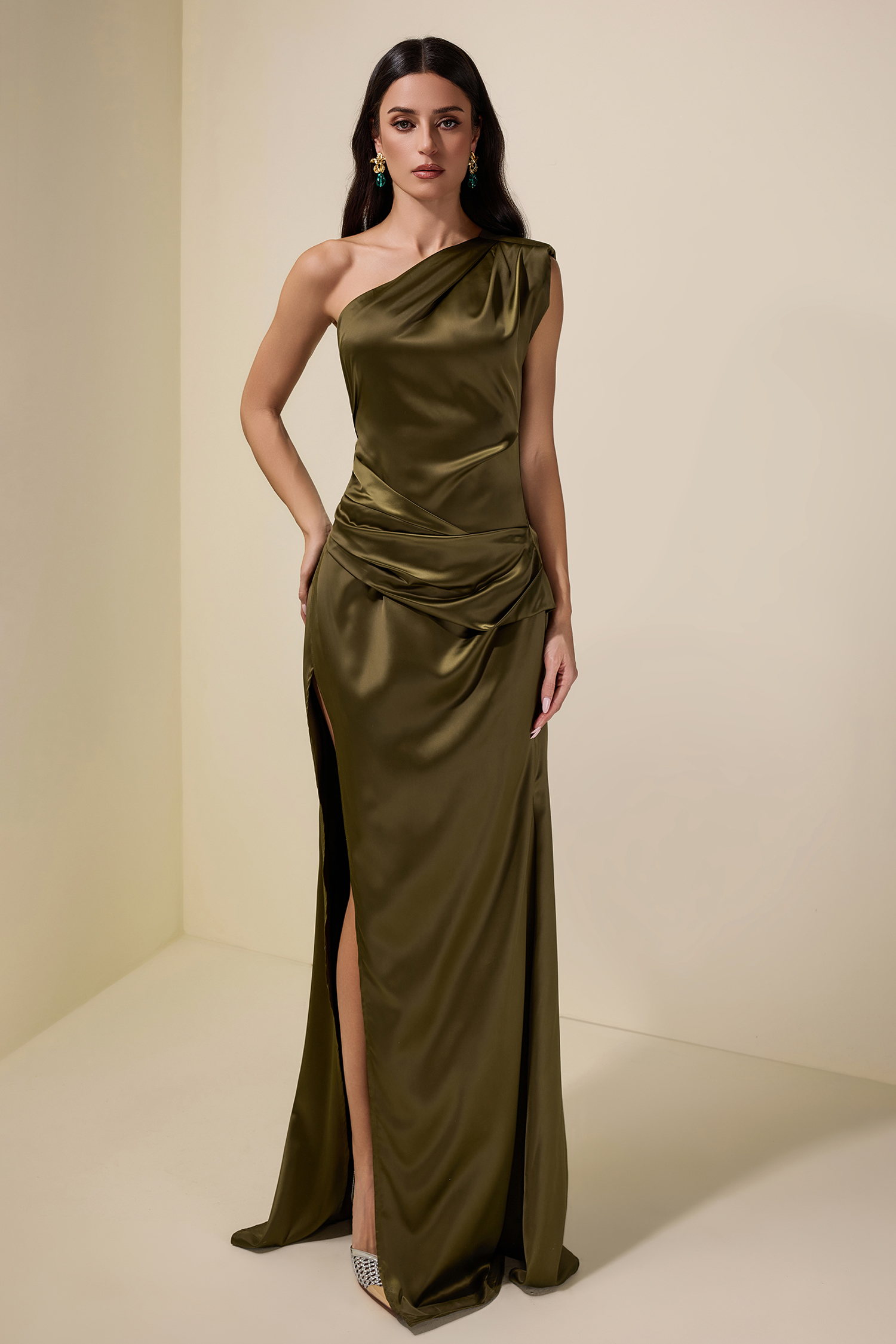 Satin Skew Collar Split Maxi Dress