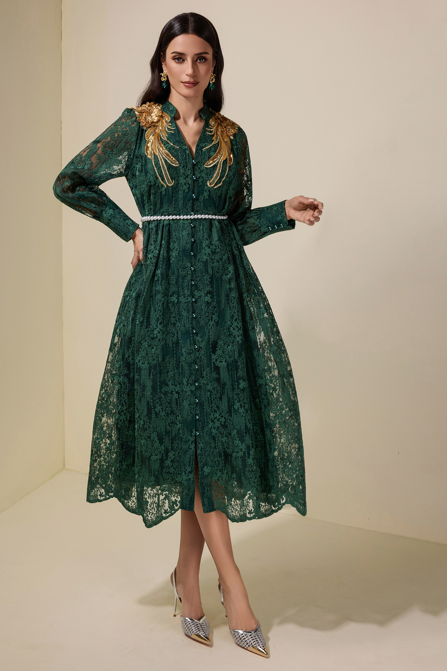 Lace Sequin Embroidered Midi Dress