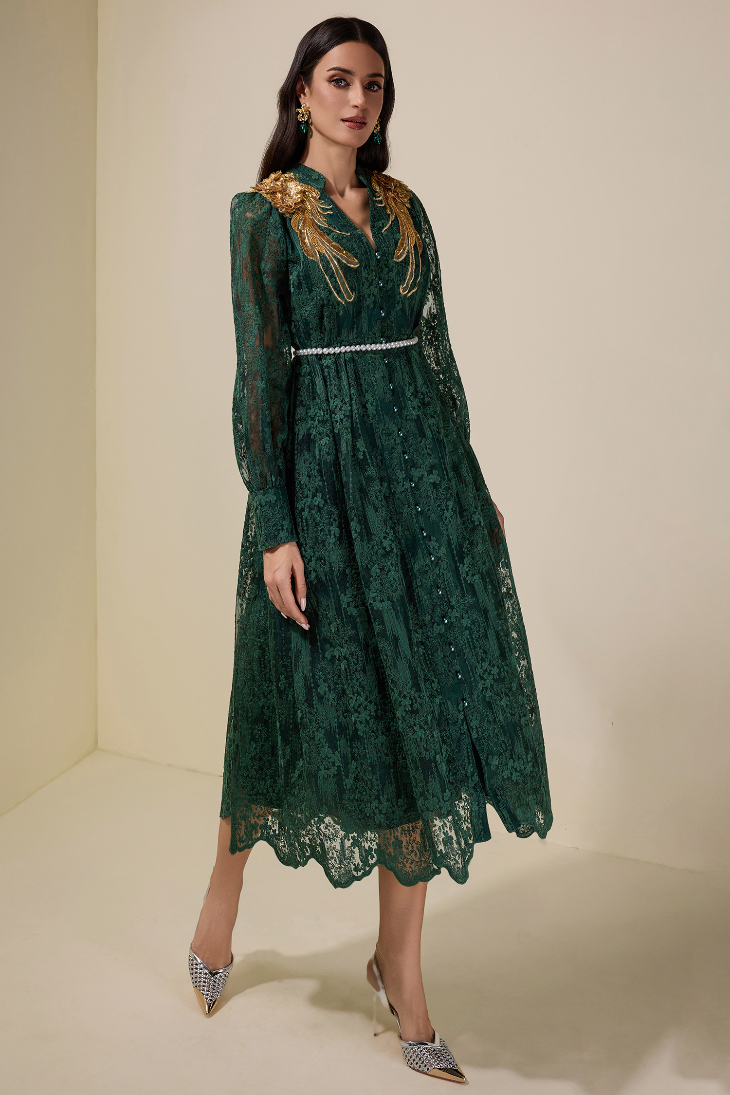 Lace Sequin Embroidered Midi Dress