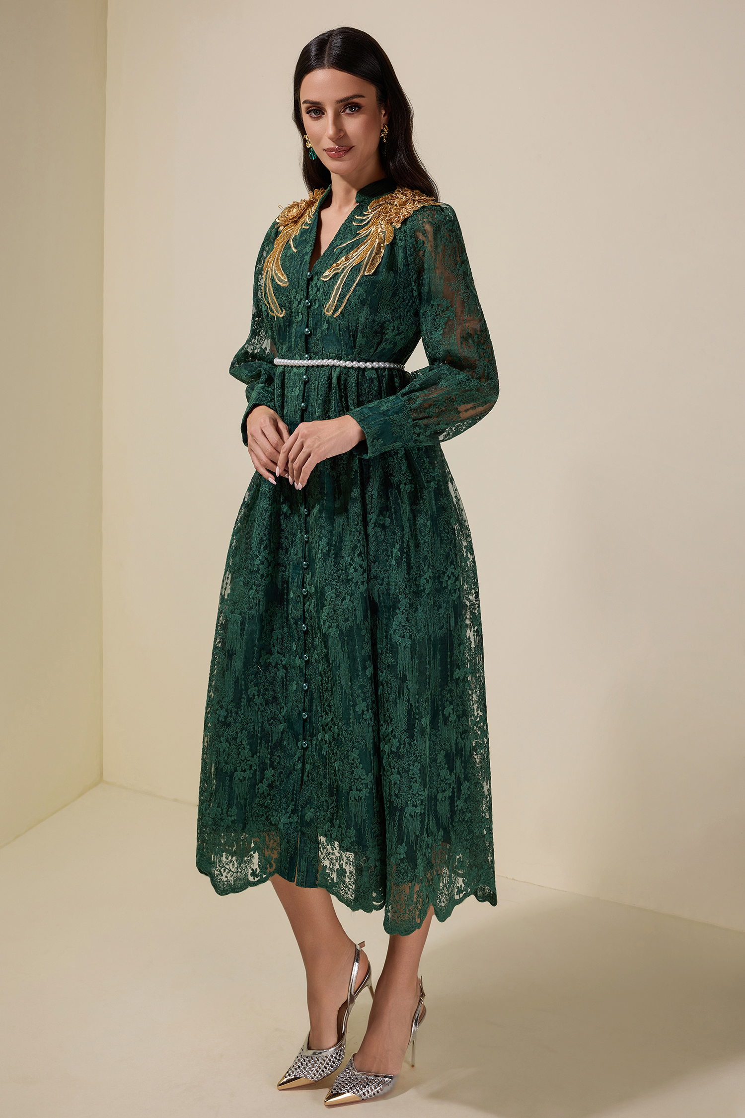 Lace Sequin Embroidered Midi Dress