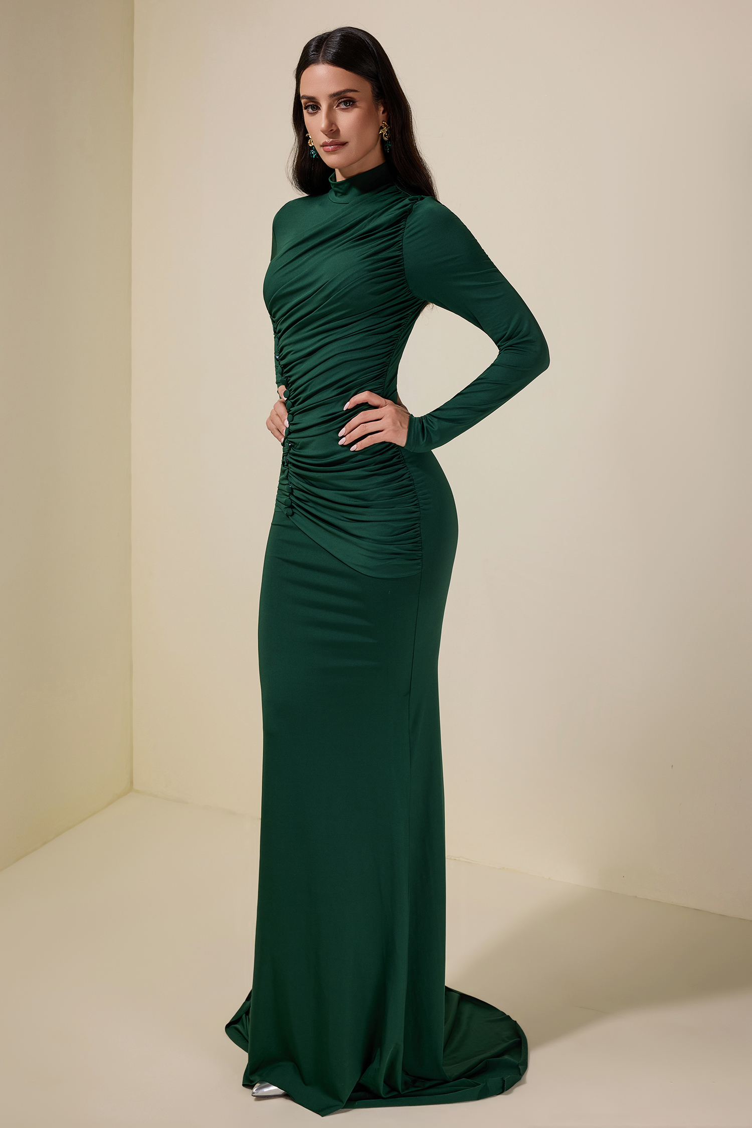Jersey Gathering Long Sleeve Maxi Dress