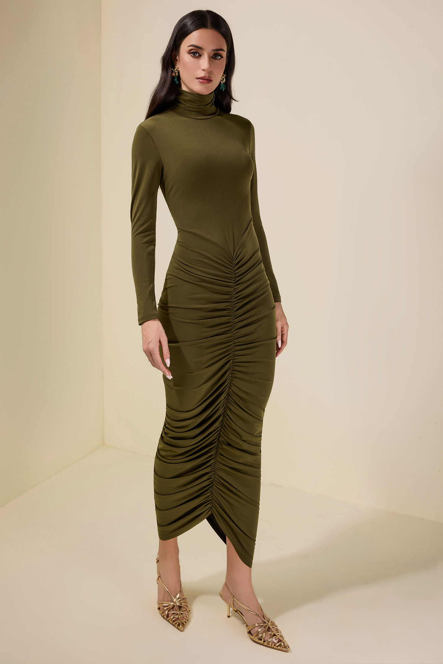 Jersey Gathering Long Sleeve Midi Dress