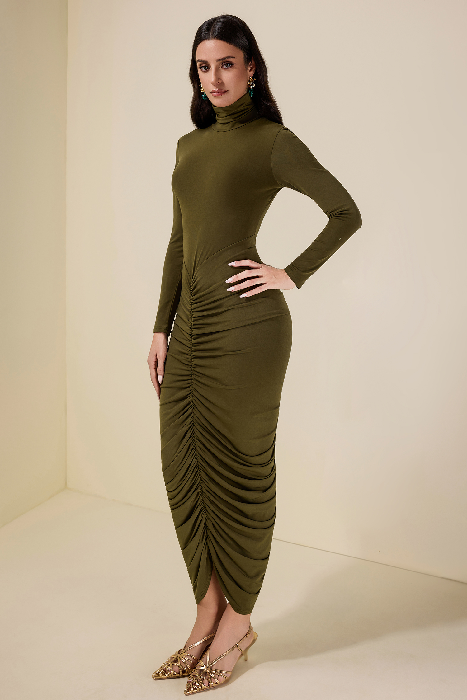 Jersey Gathering Long Sleeve Midi Dress