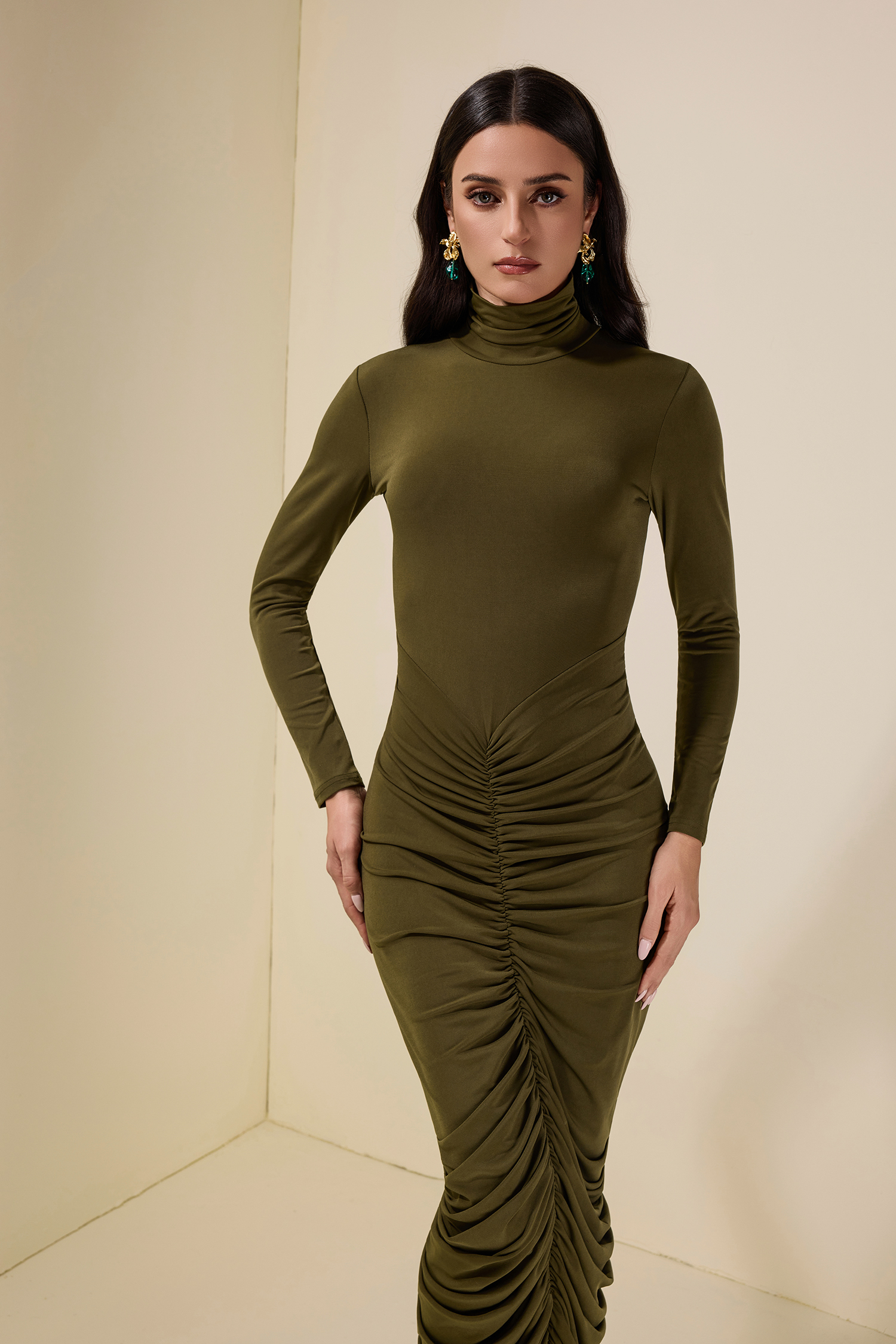 Jersey Gathering Long Sleeve Midi Dress