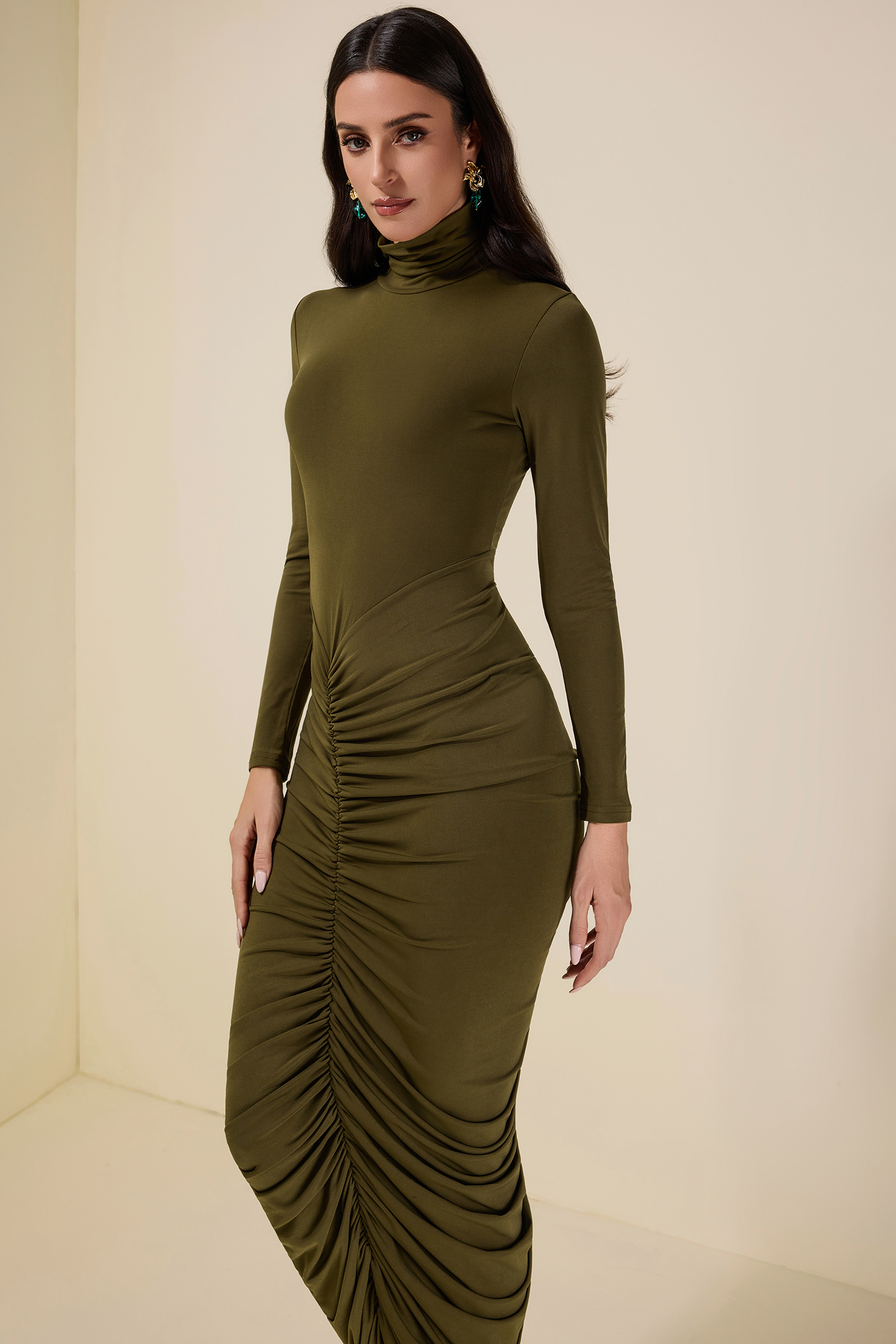 Jersey Gathering Long Sleeve Midi Dress