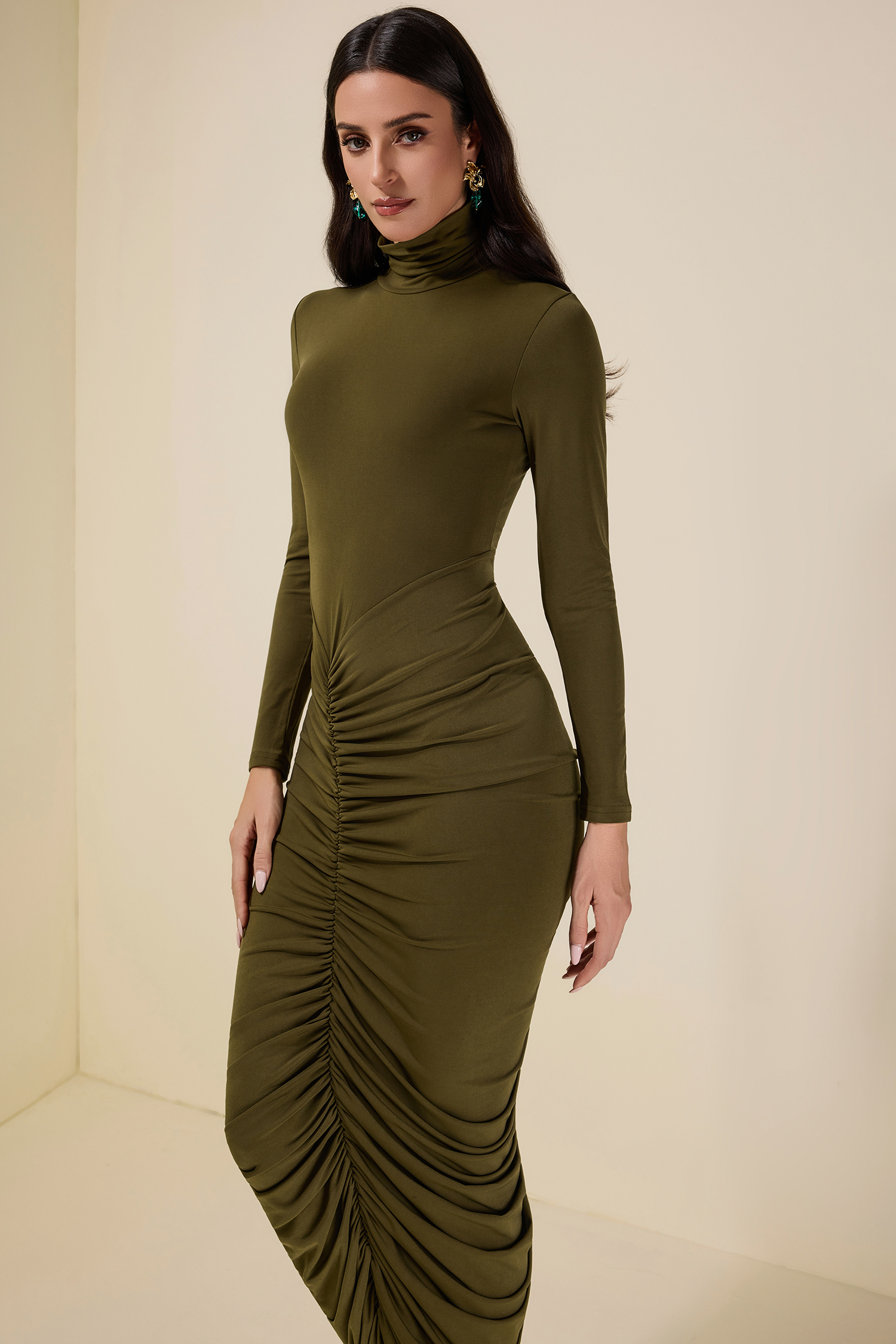 Jersey Gathering Long Sleeve Midi Dress