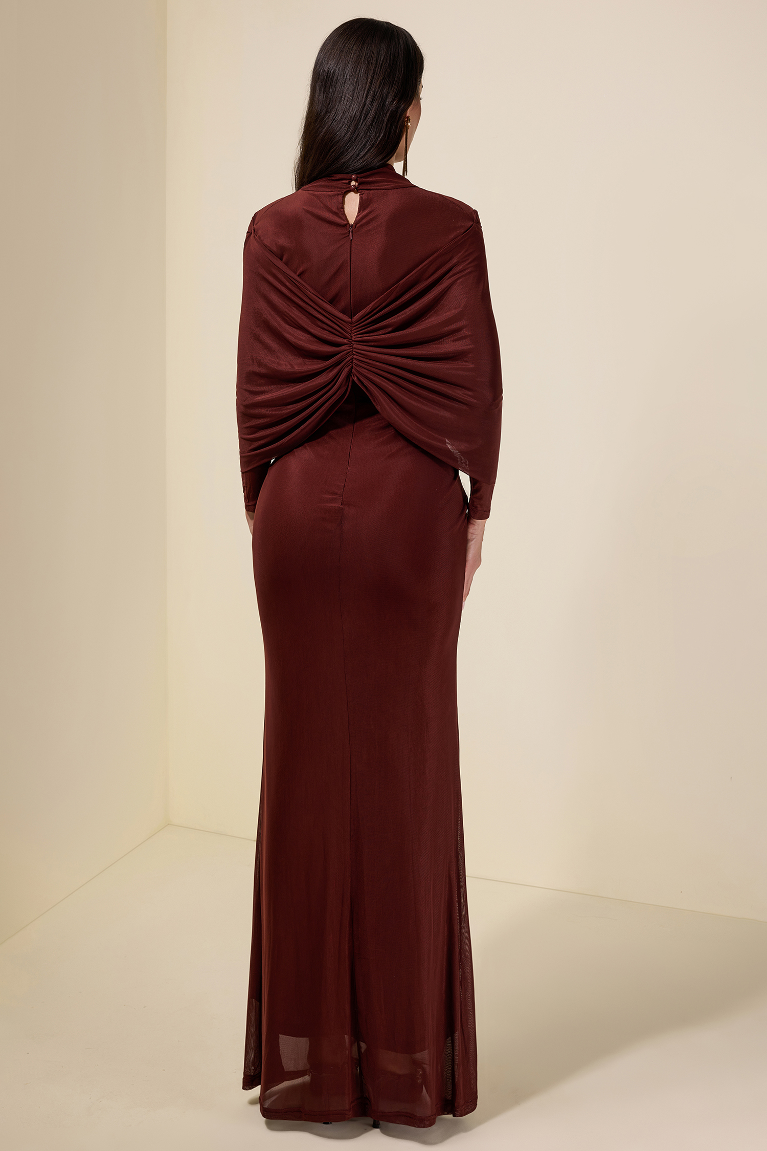 Jersey Solid Ruched Long Sleeve Maxi Dress