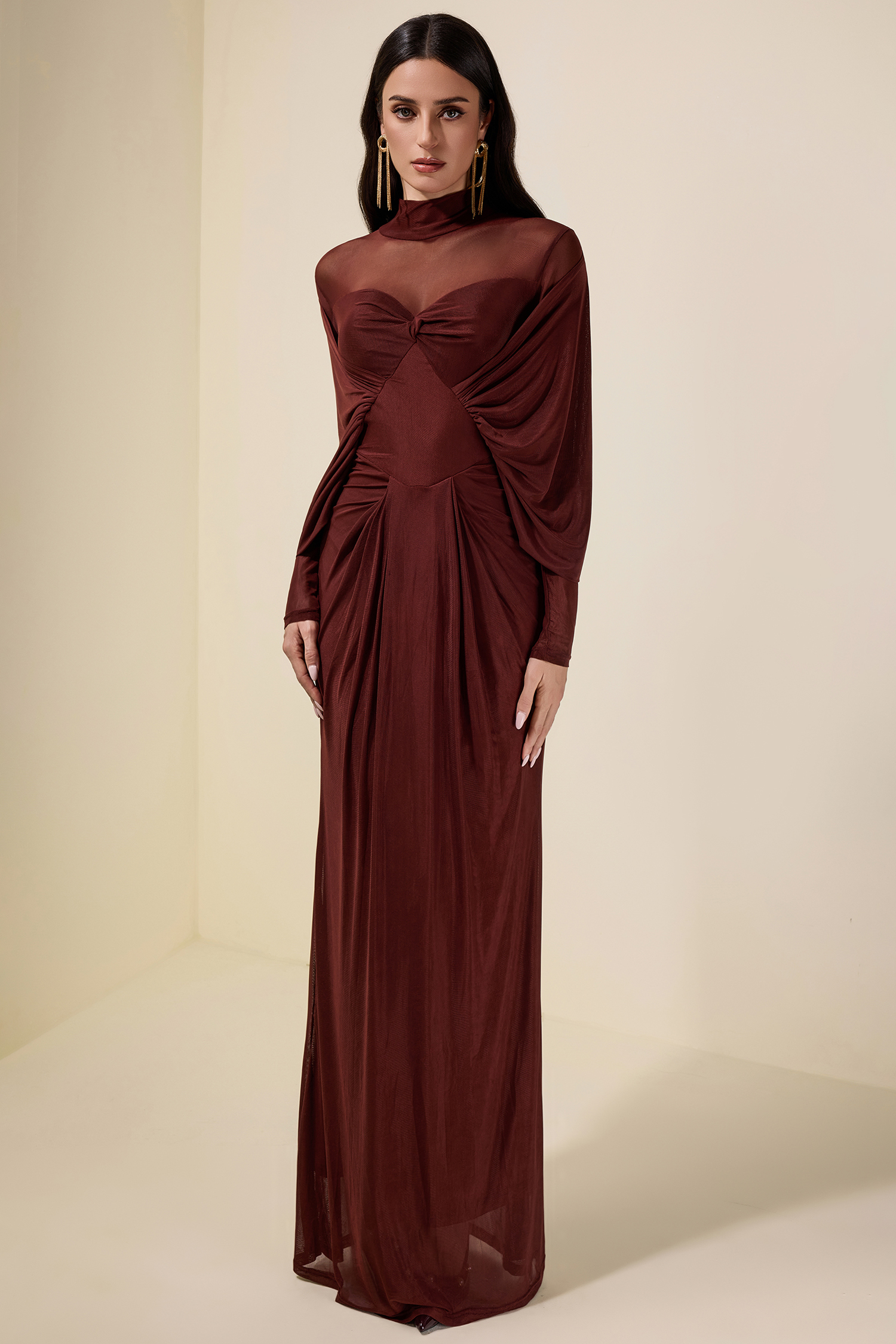 Jersey Solid Ruched Long Sleeve Maxi Dress