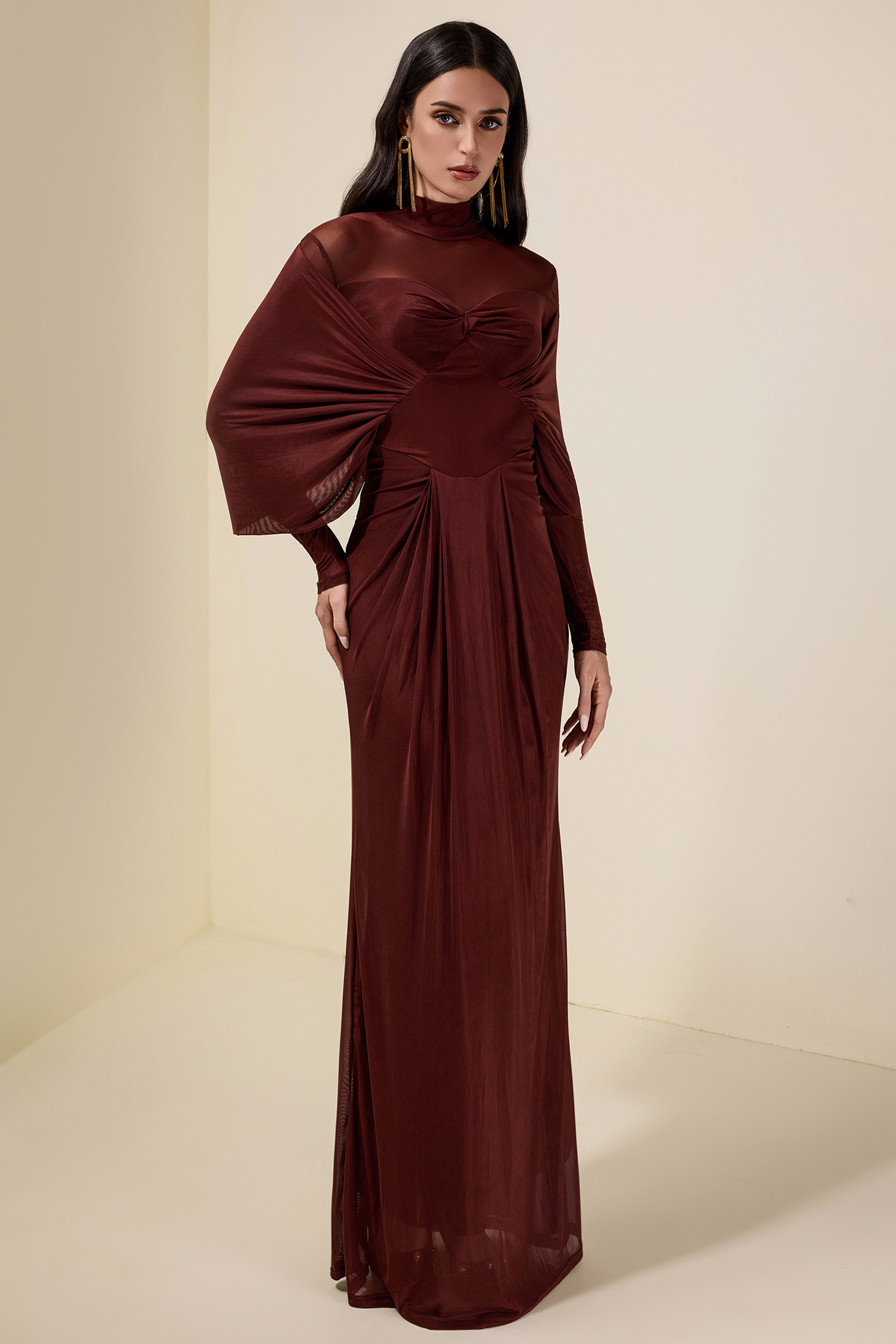 Jersey Solid Ruched Long Sleeve Maxi Dress